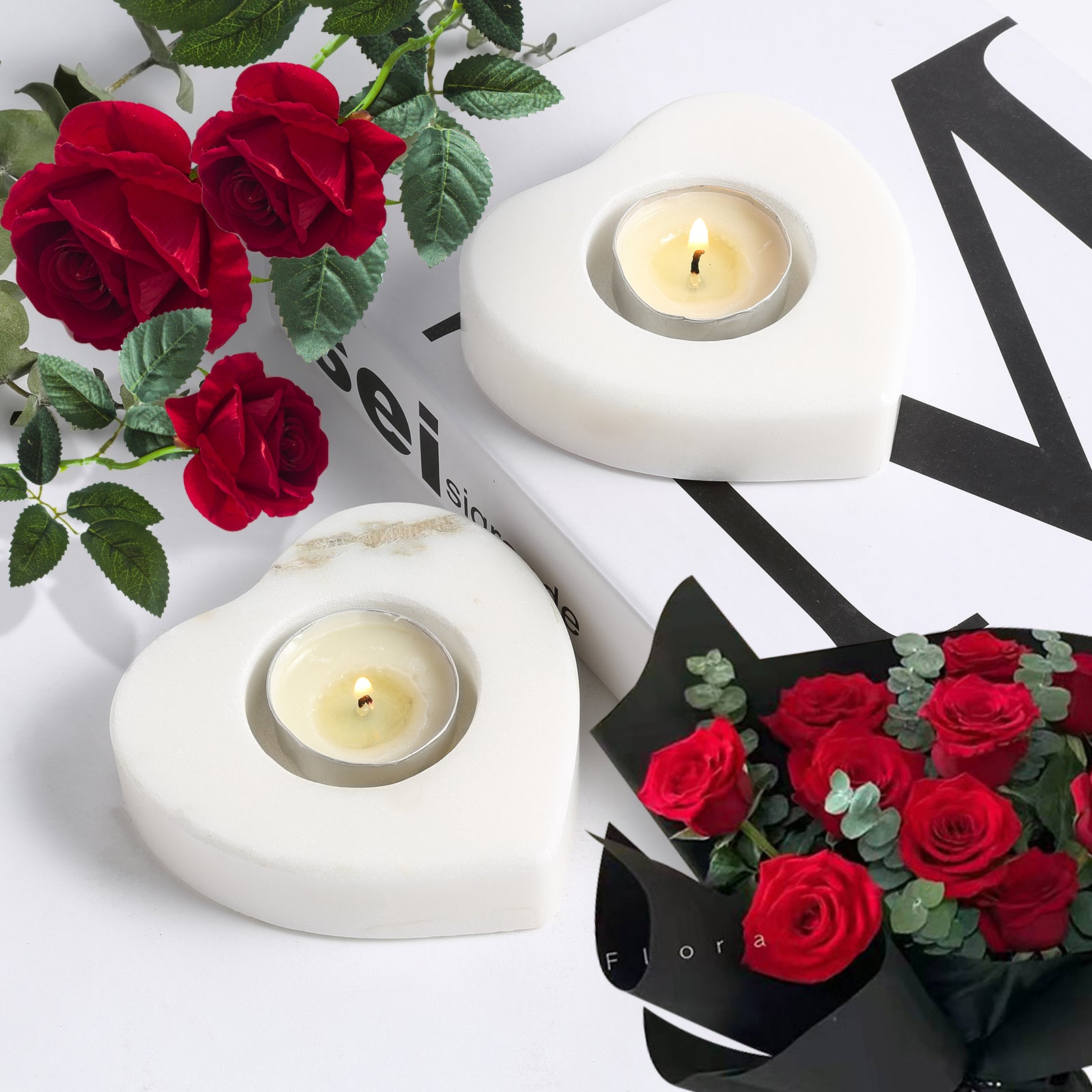 Koville Natural Marble Heart Shape Tea Light Candle Holder-Oriental Calacatta