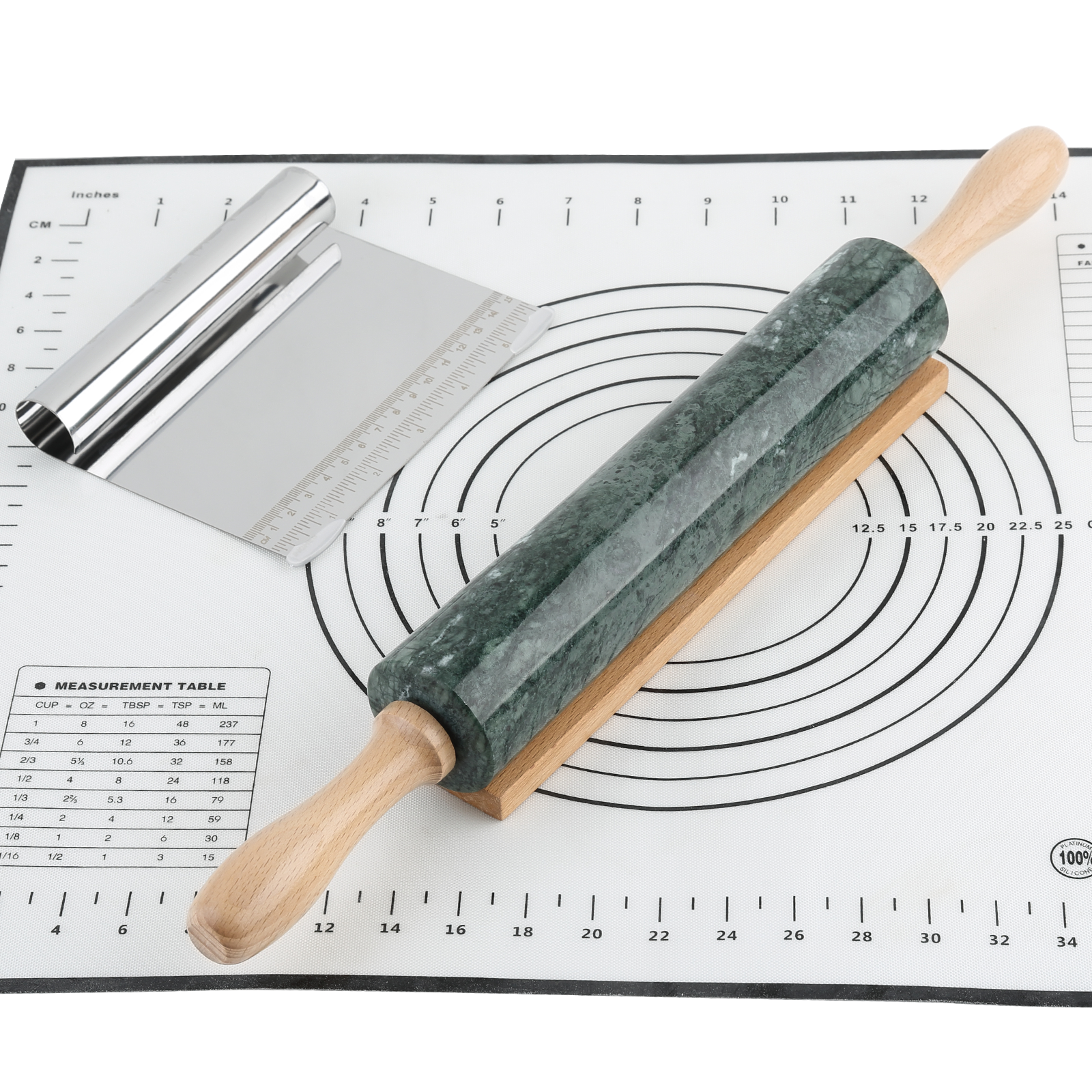 Koville Natural Marble Rolling Pin Scraper Dough Mat Set-Indian Green