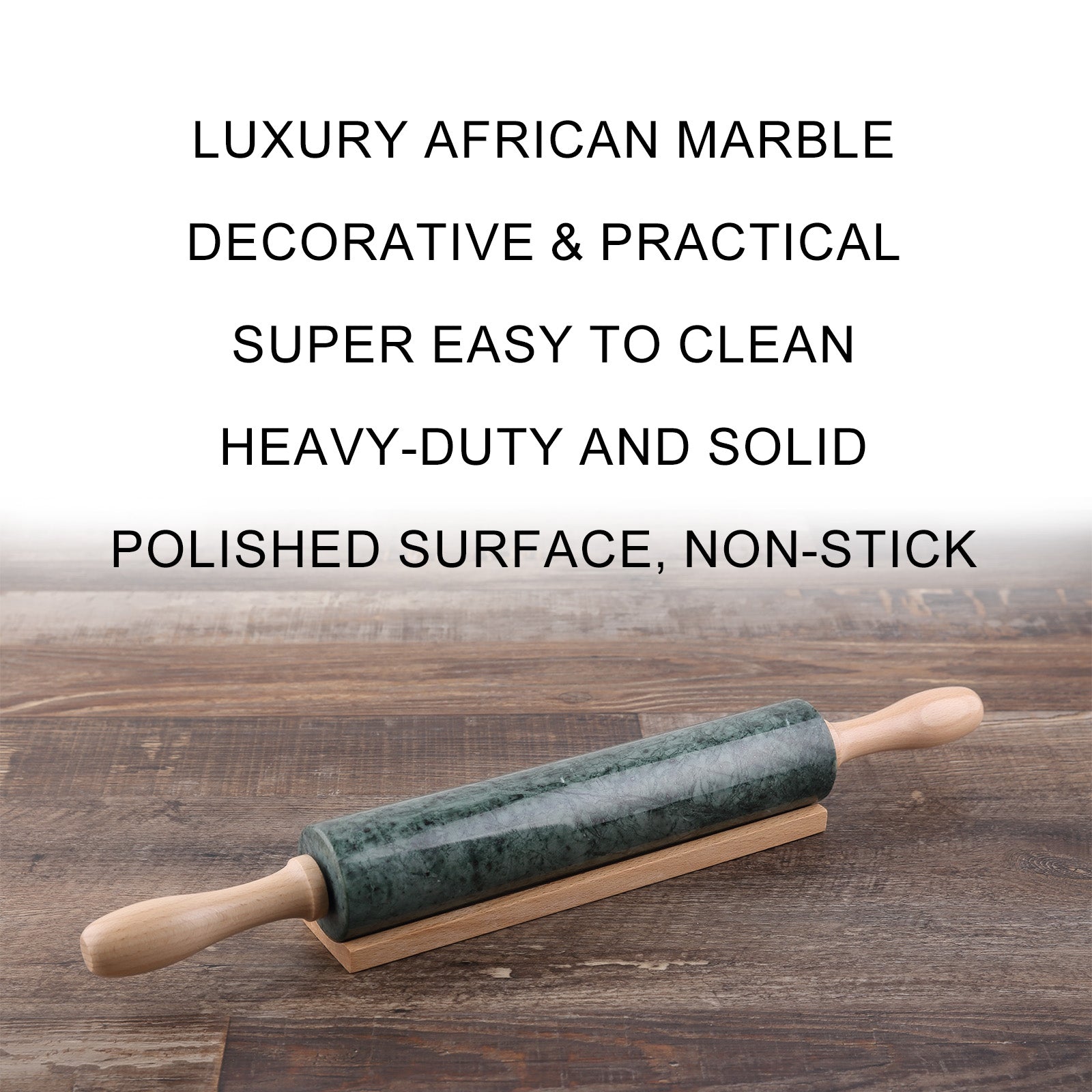 Koville Natural Marble Rolling Pin with Wooden Base Holder-Indian Green