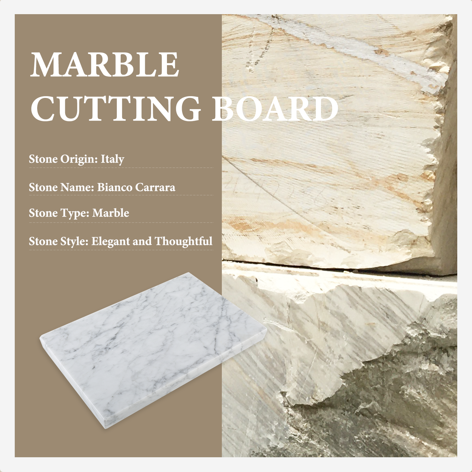 Koville Natural Marble Rectangle Pastry Board-Bianco Carrara