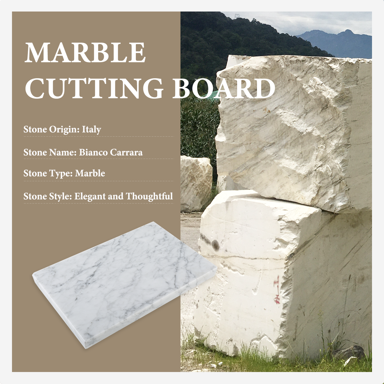 Koville Natural Marble Rectangle Pastry Board-Bianco Carrara