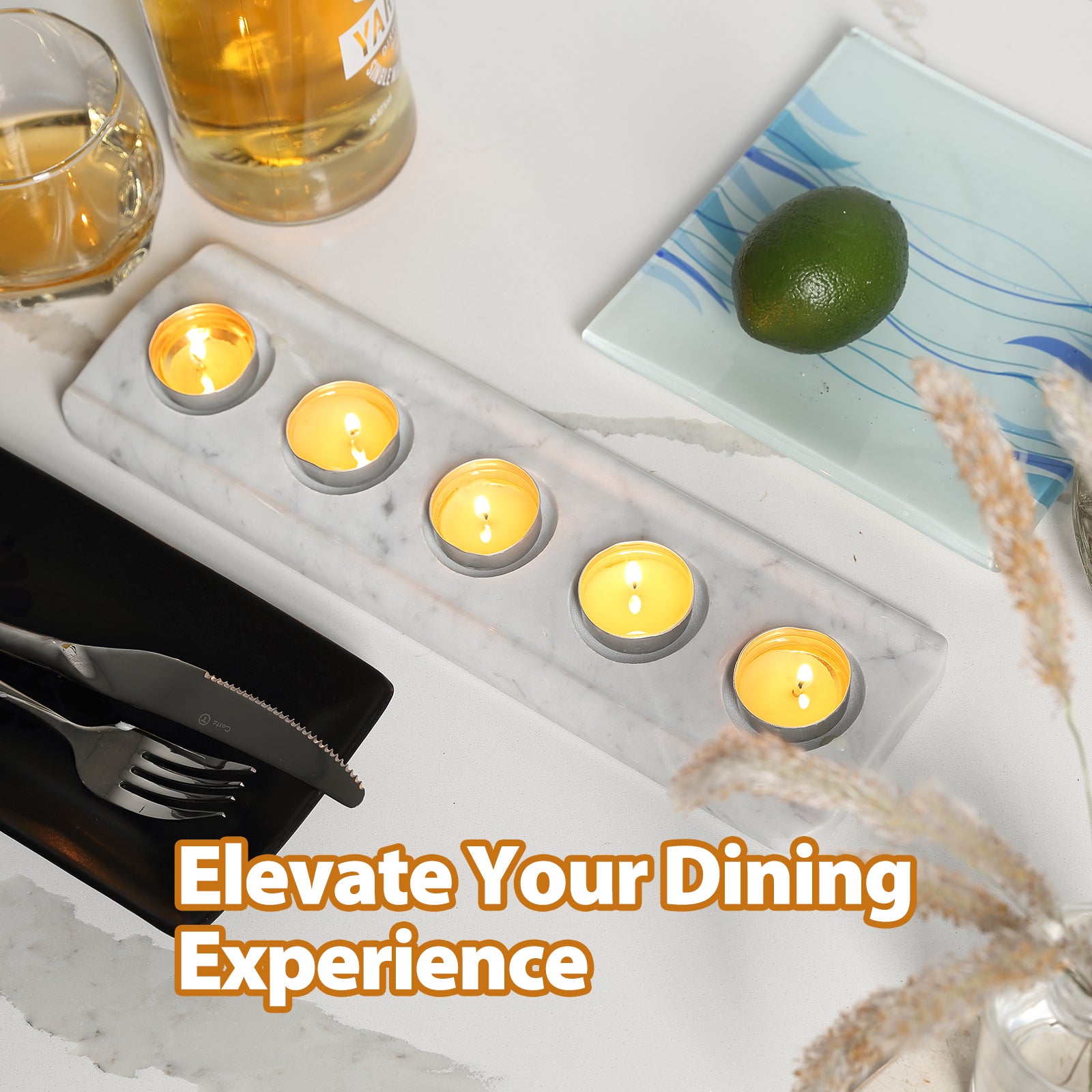 Koville 5 Holes Natural Marble Tea Light Candle Holder-Bianco Carrara