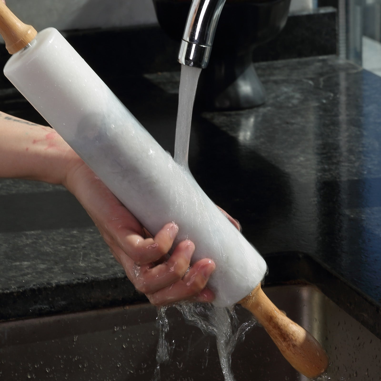 Koville Natural Marble Rolling Pin with Wooden Base, 9.75 inch-Namib Fantasy