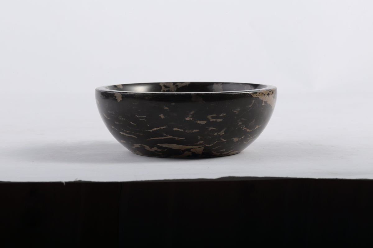 Koville black Meteorus round incense holder with fine warm-gold mineral flecks
