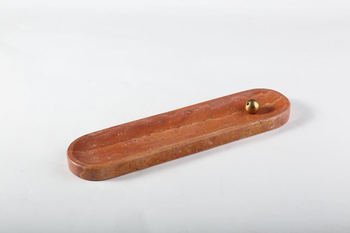 Koville red Red Travertine oval incense burner with deep terracotta-red linear bands