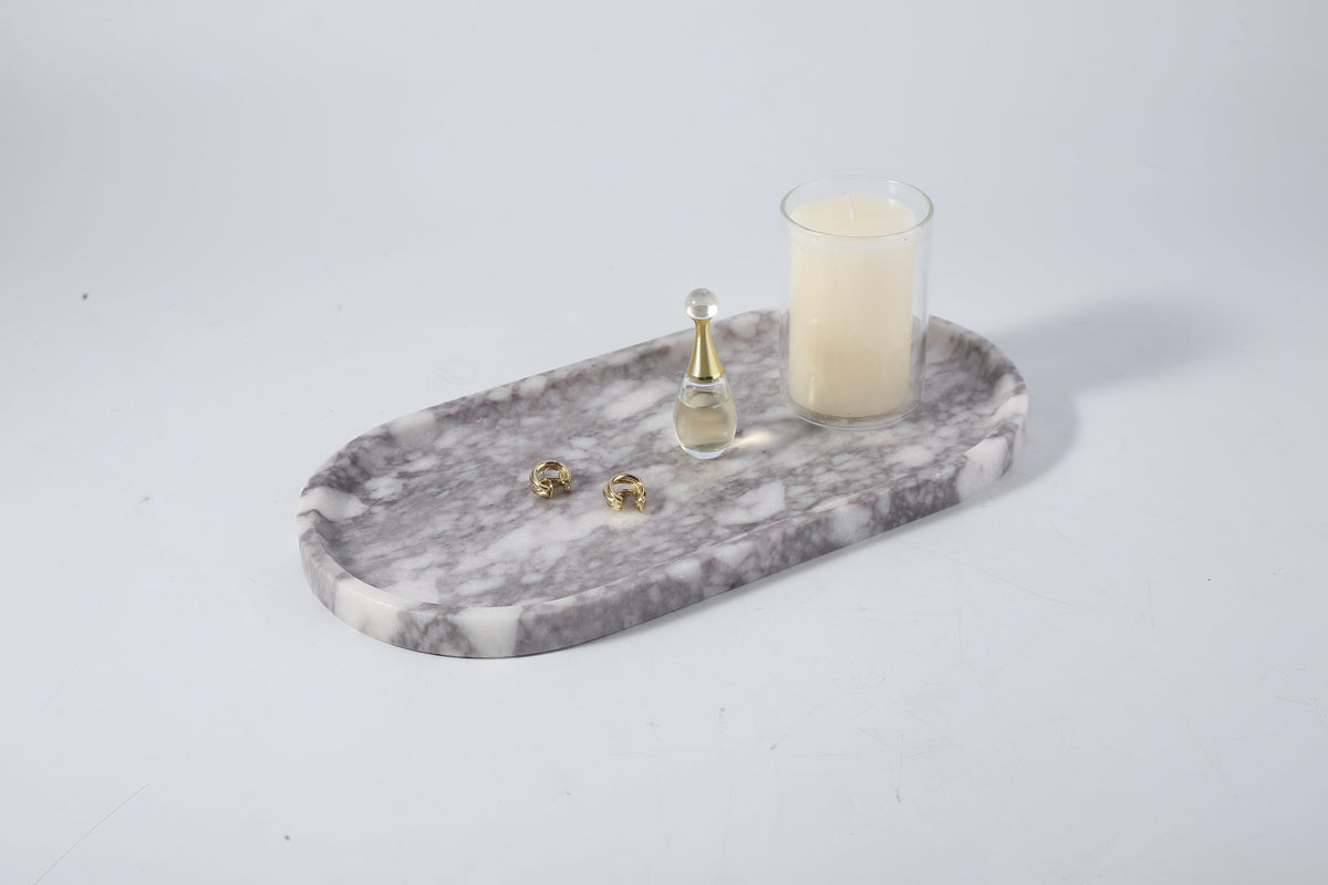Koville gray Calacatta Viola marble oval tray with layered veining
