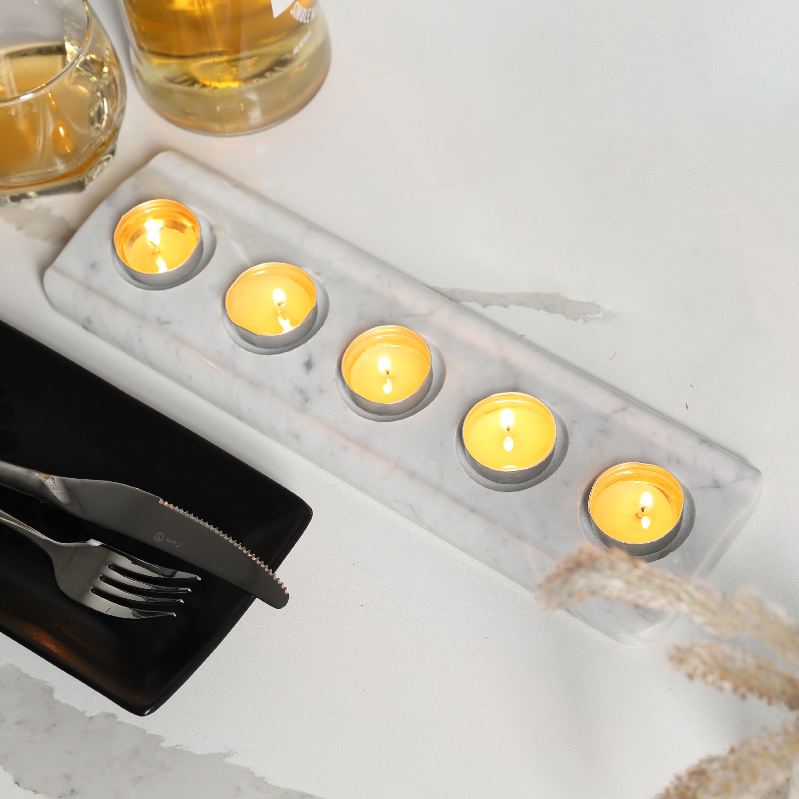 Koville 5 Holes Natural Marble Tea Light Candle Holder-Bianco Carrara