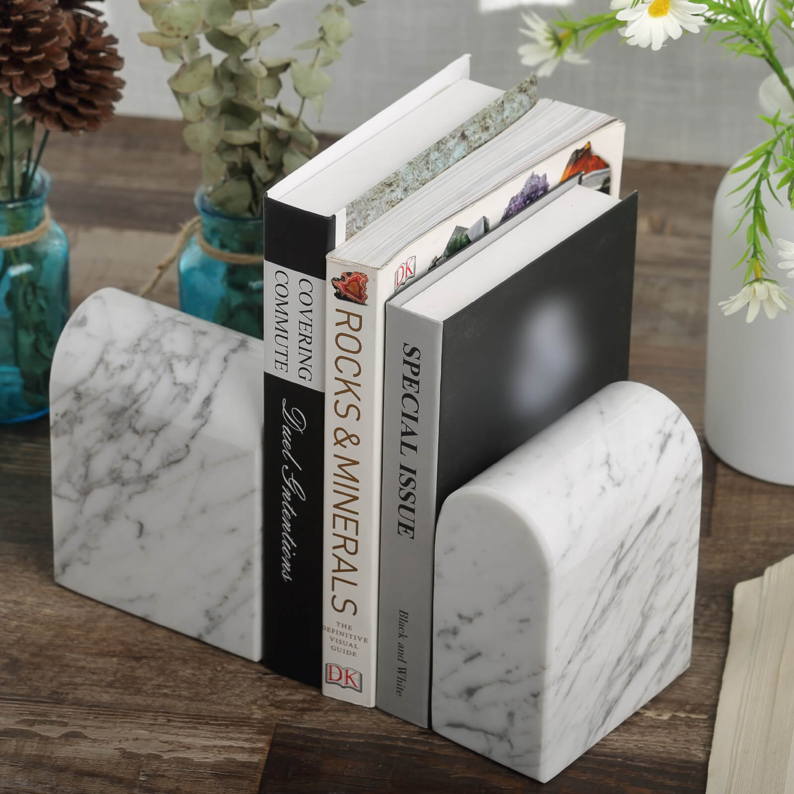 Koville 13lbs Nature Marble Bookends Heavy-Duty Book Holders Bianco Carrara