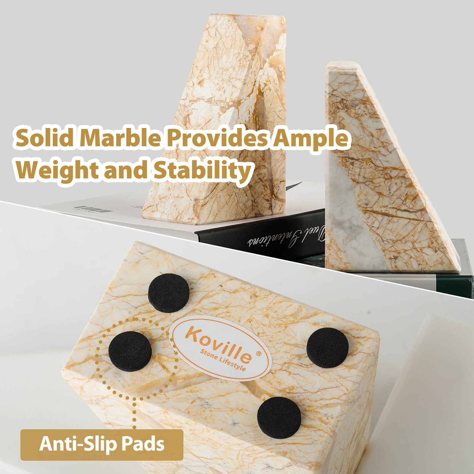 Koville-7lbs-Trapezoid-Marble-Bookends-Yellow-River-Book-Holders