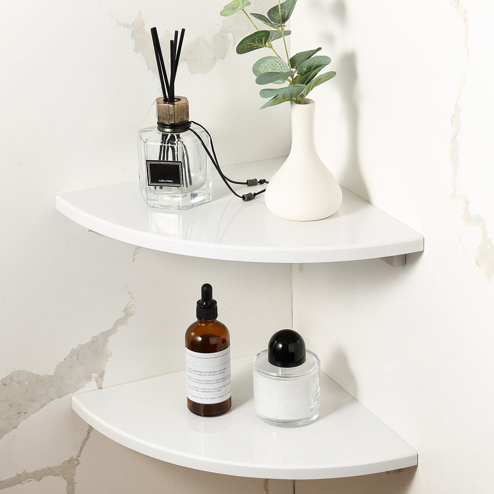 Koville Engineered Marble corner shelf in Bianco Scala for a bathroom corner