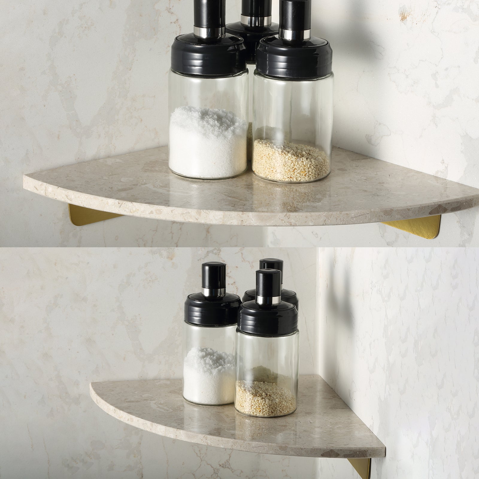 Koville Engineered Marble corner shelf in Perlato appia for a bathroom corner