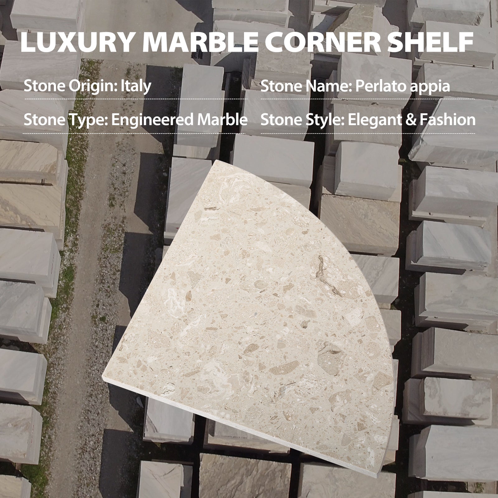 Koville Engineered Marble corner shelf in Perlato appia for a bathroom corner