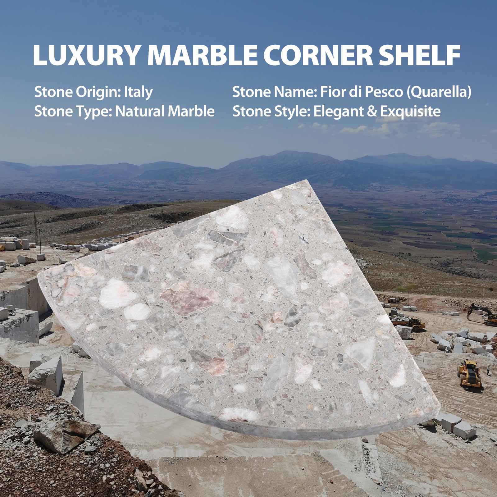 Koville Engineered Marble corner shelf in Fior di Pesco Quarella for a bathroom corner