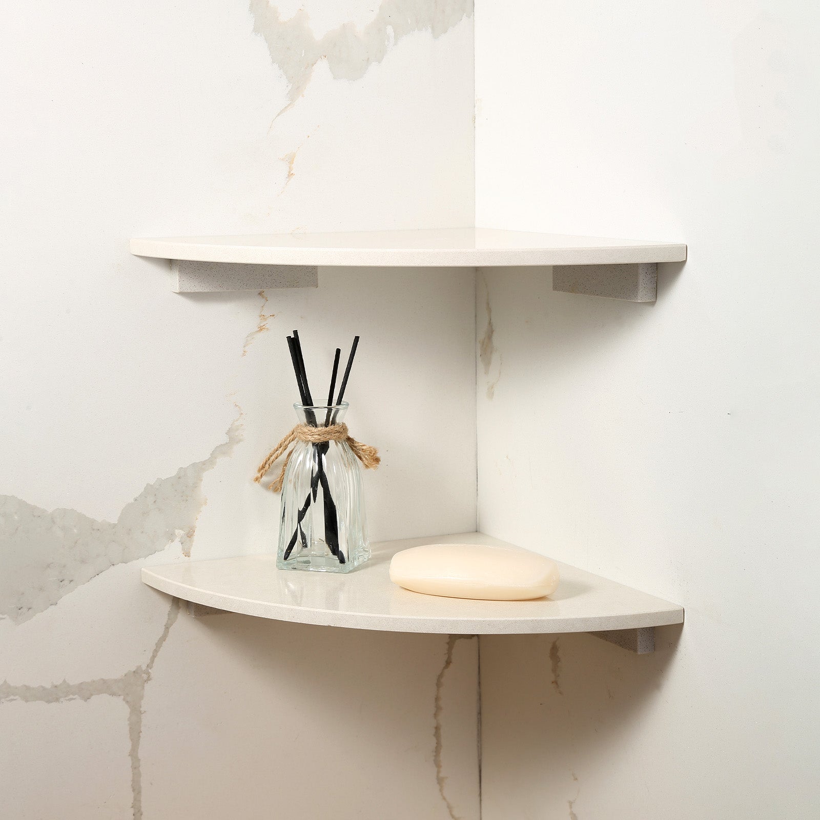 Koville Engineered Marble corner shelf in Rigel for a bathroom corner