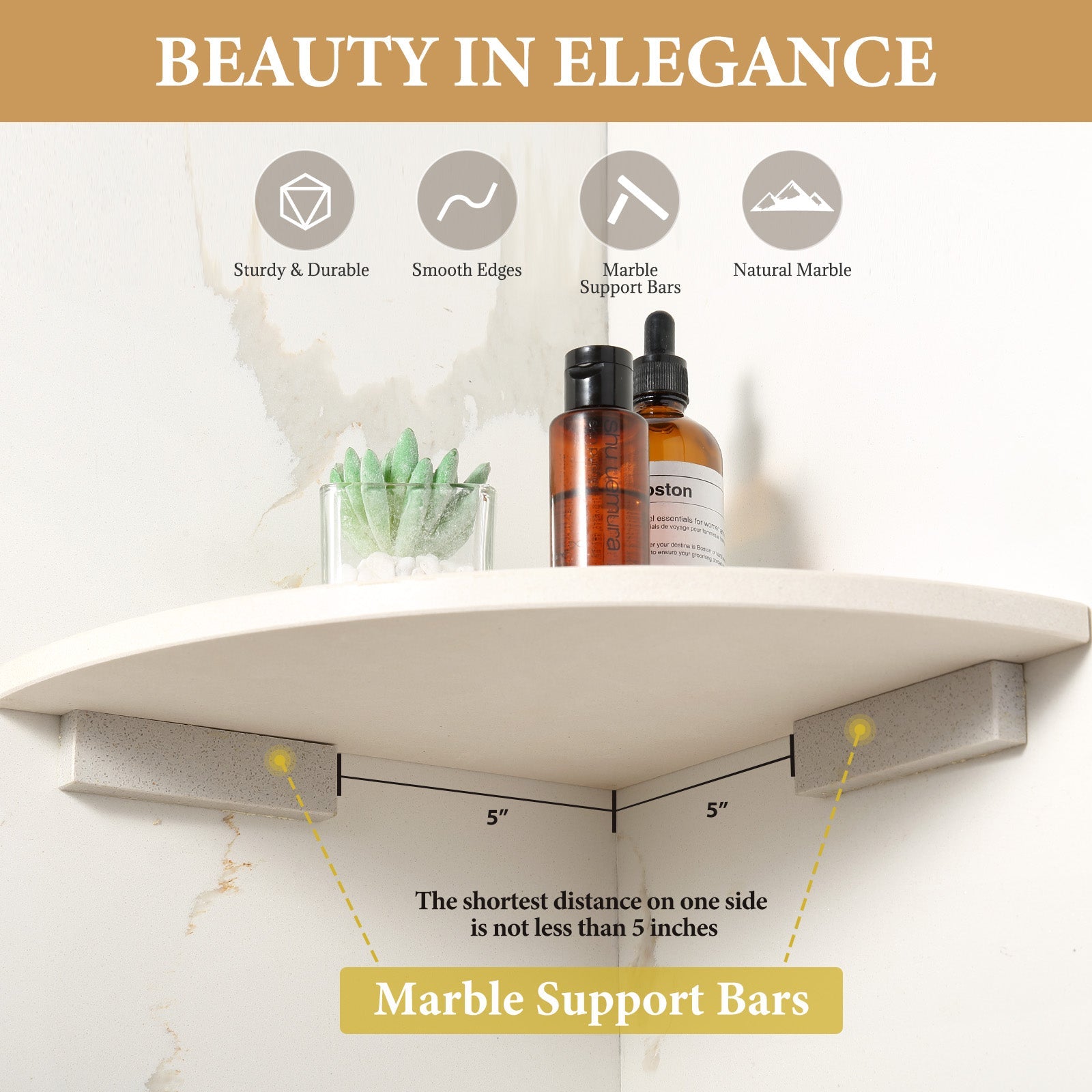 Koville Engineered Marble corner shelf in Sahara Sand for a bathroom corner
