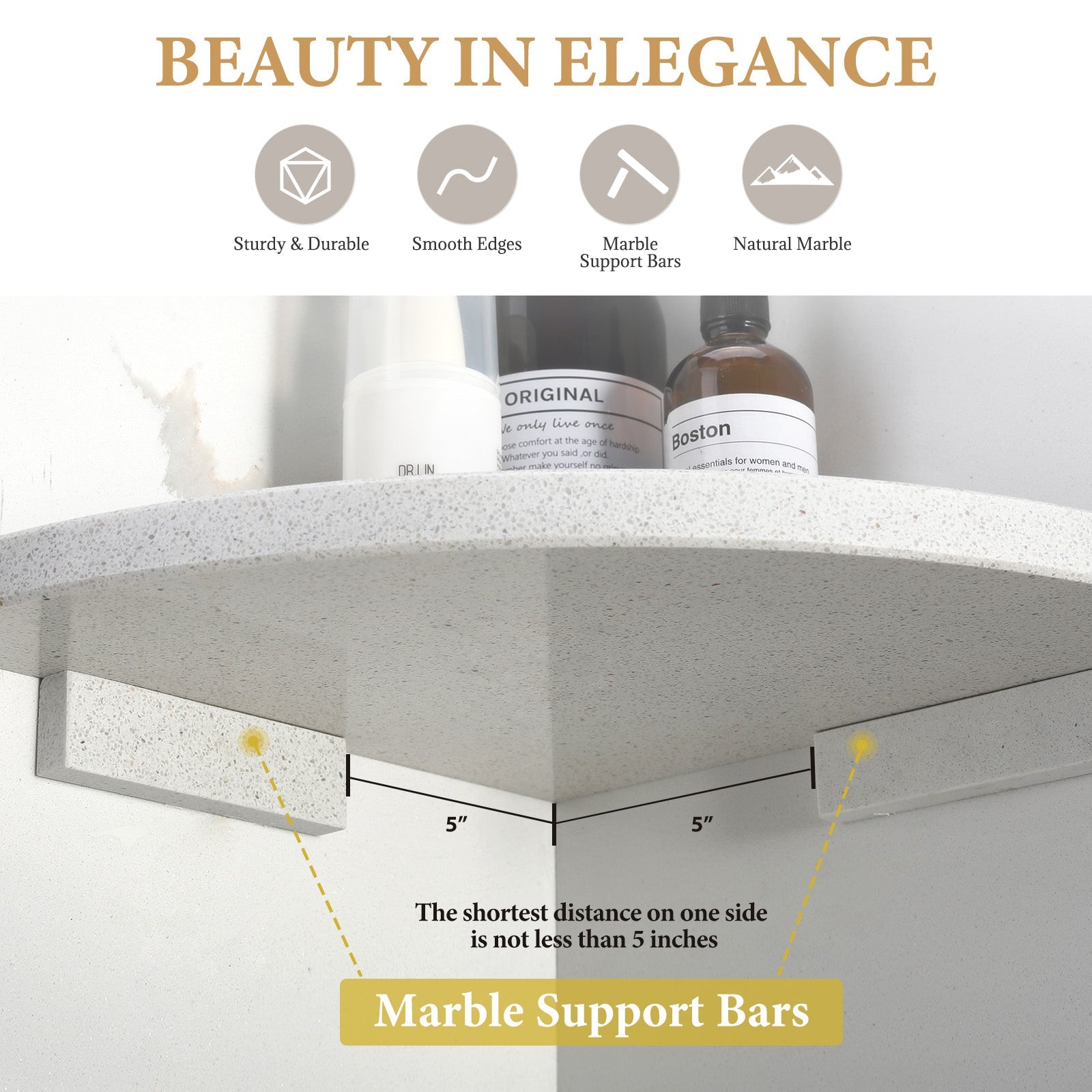 Koville Engineered Marble corner shelf in White Cliff for a bathroom corner