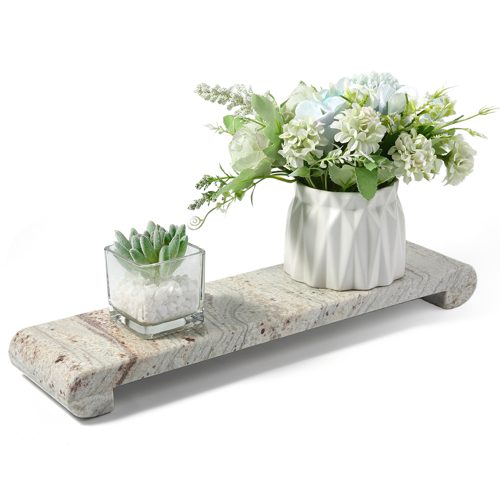Koville chess piece display stand in three sizes in River White natural stone