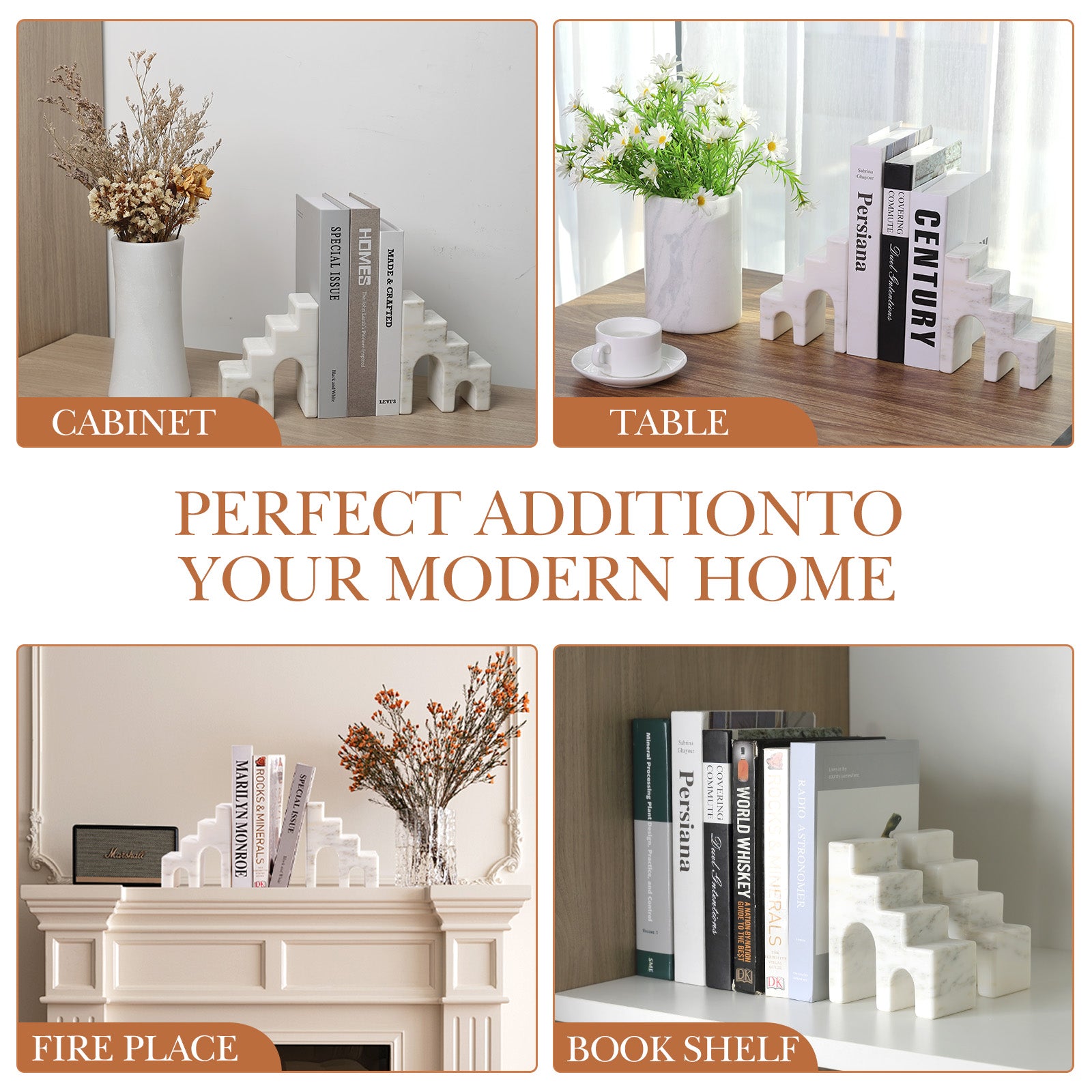 Koville Natural Marble CastleGuard Bookend Set for Shelves in Oriental Calacatta - crafted stone profile