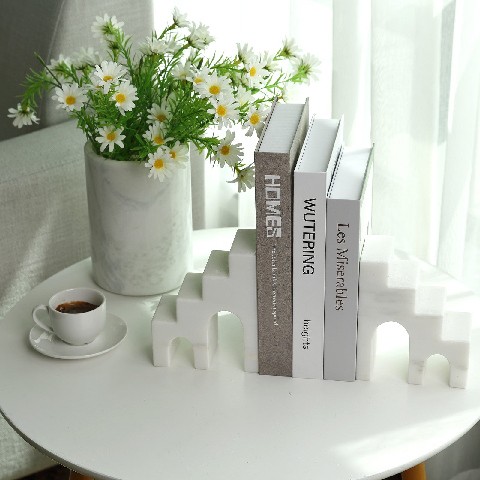 Koville Natural Marble CastleGuard Bookend Set for Shelves in Oriental Calacatta - natural stone finish