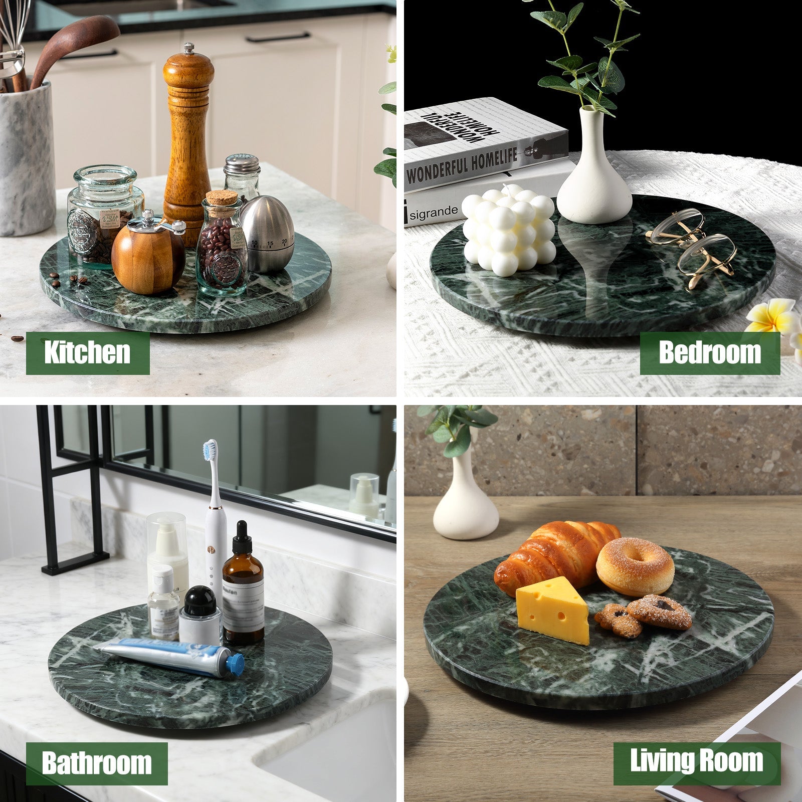 Koville 300 mm lazy susan for table serving in Verde Remeggiato natural stone