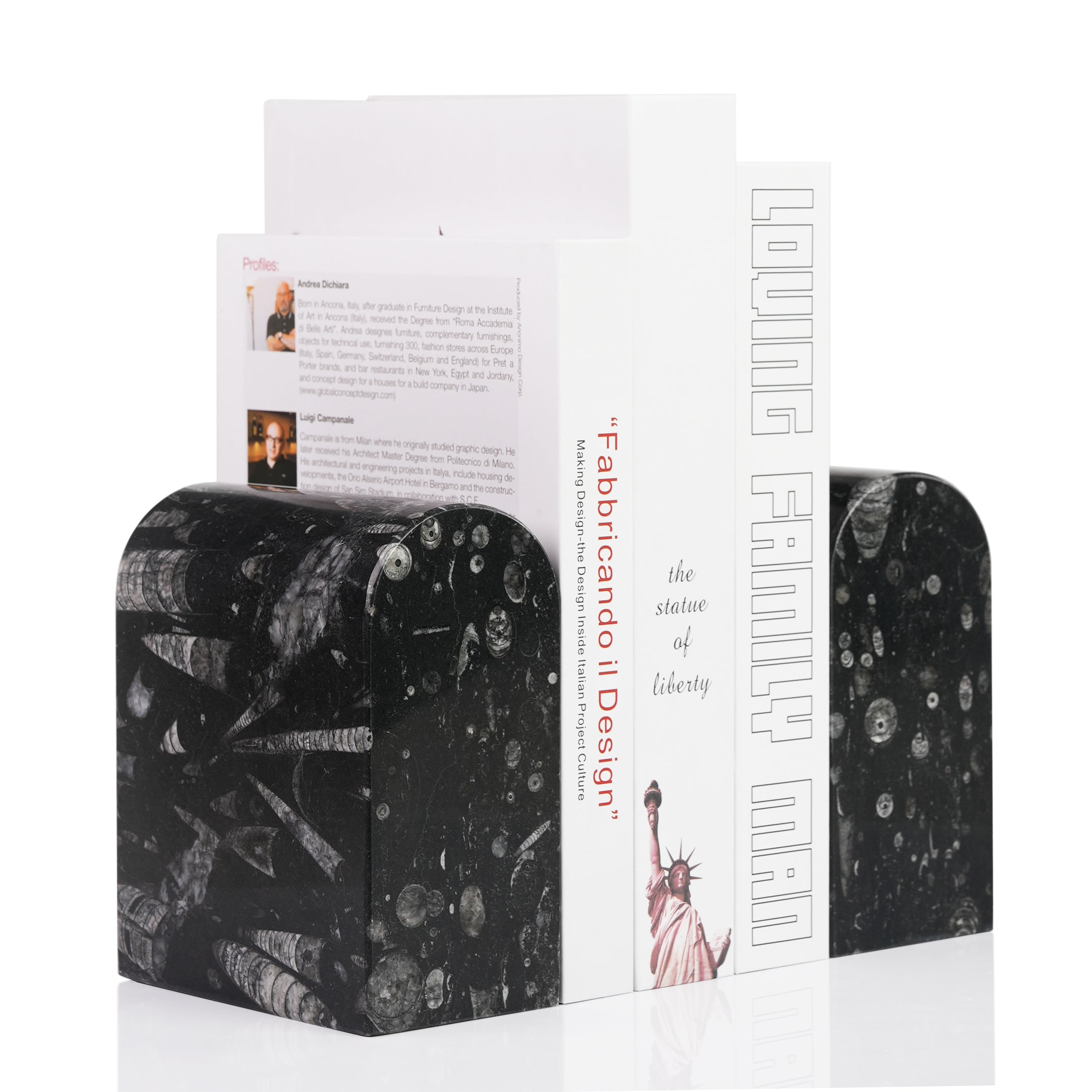Koville triumphal arch bookend for shelf styling in Black Fossil natural stone