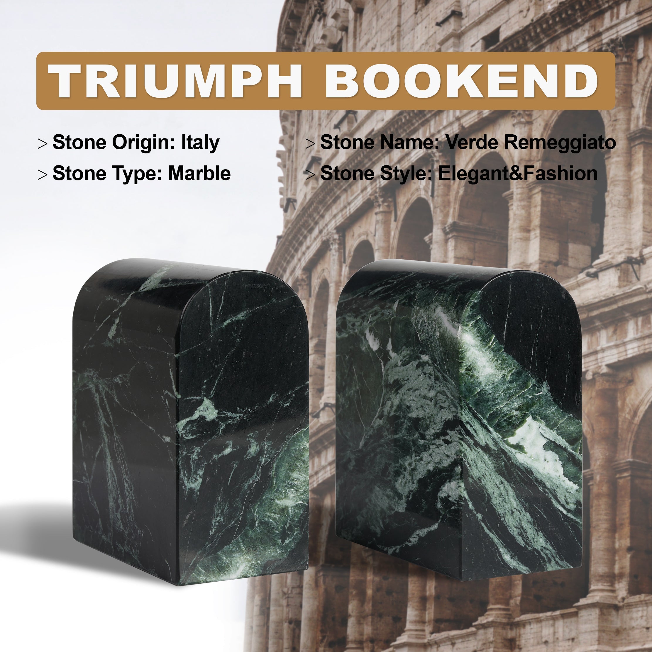 Koville triumphal arch bookend for shelf styling in Verde Remeggiato natural stone