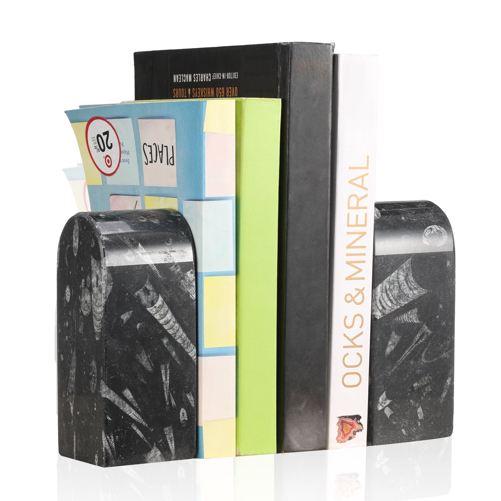 Koville medium triumphal arch bookends for shelf styling in Black Fossil natural stone
