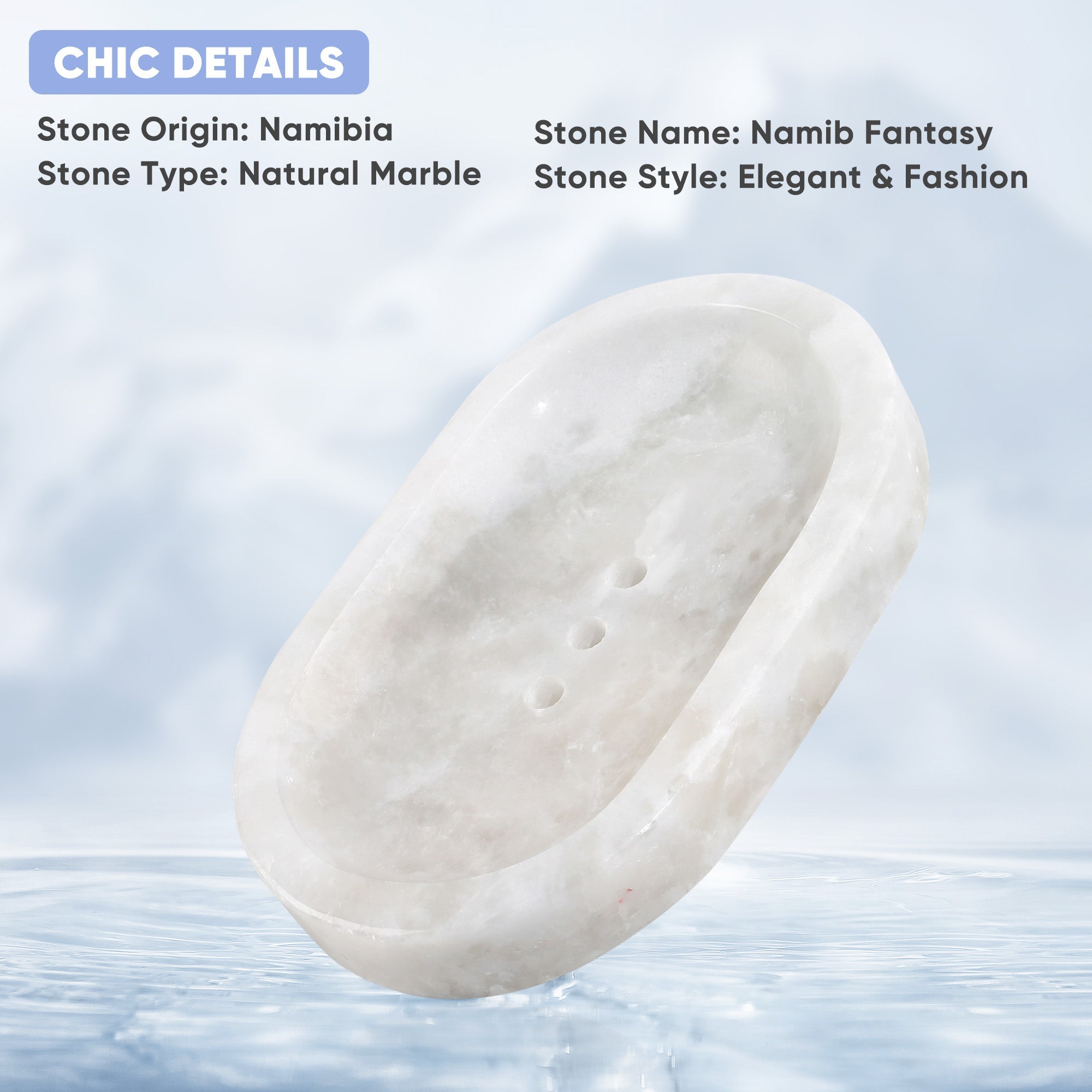 Koville Namib Fantasy marble oval soap dish with undulating surface with a softly shaped oval marble profile with undulating surface detail for a bathroom vanity or shower ledge