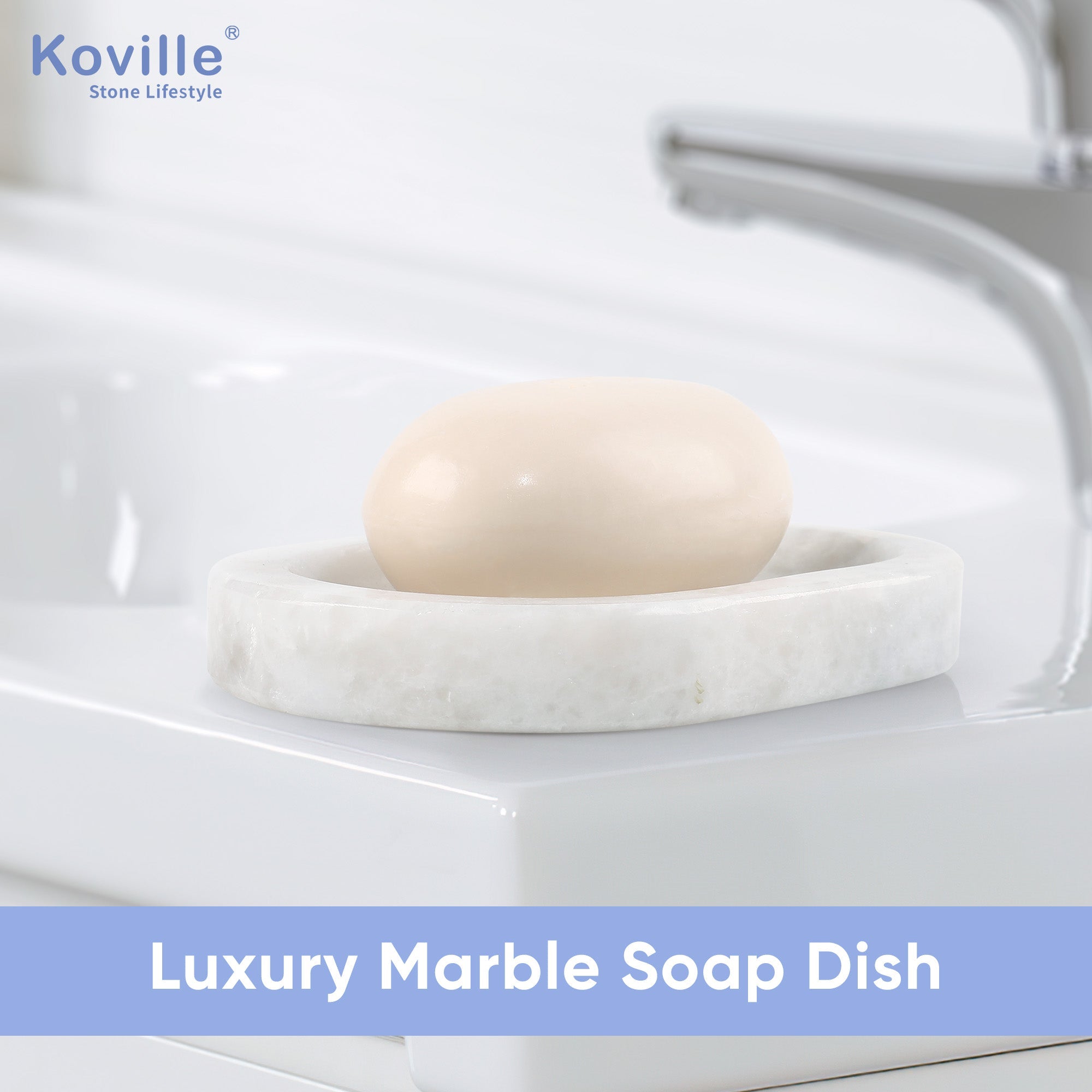 Koville Namib Fantasy marble oval soap dish with undulating surface with a softly shaped oval marble profile with undulating surface detail for a bathroom vanity or shower ledge