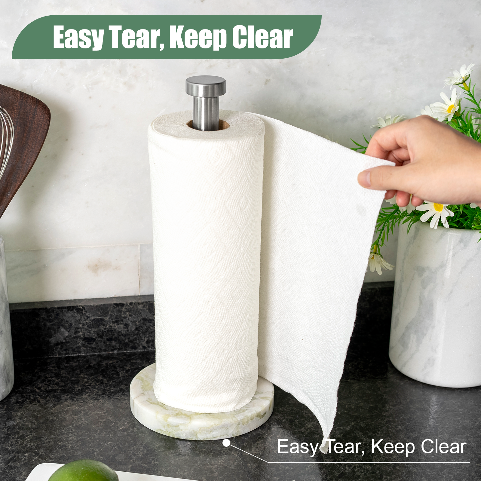 Koville Natural Stone Paper Towel Holder with Silver Metal Rod, 5.9 in Base in natural stone