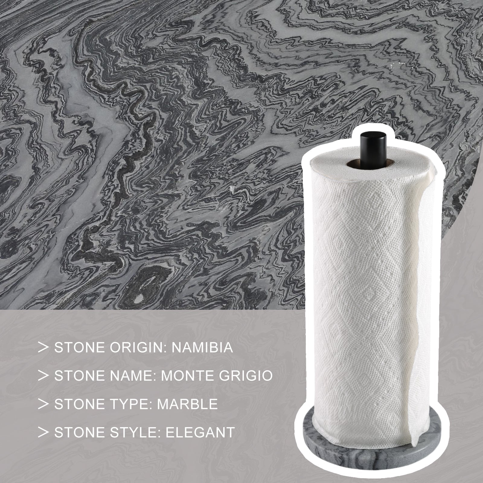Koville Natural Stone Paper Towel Holder with Black Metal Rod, 5.9 in Base in natural stone