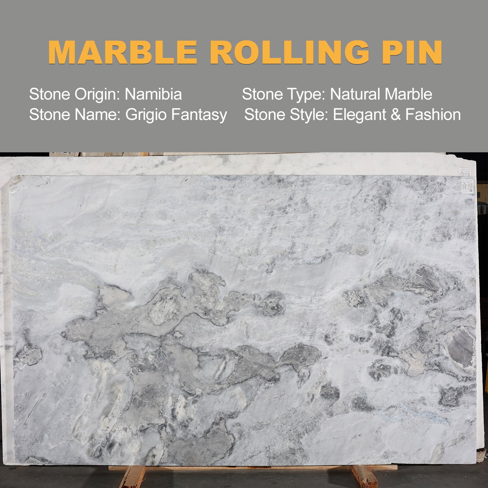 Koville Marble Rolling Pin Pro with Wooden Rack, Scraper & Pastry Guide Pads in natural stone