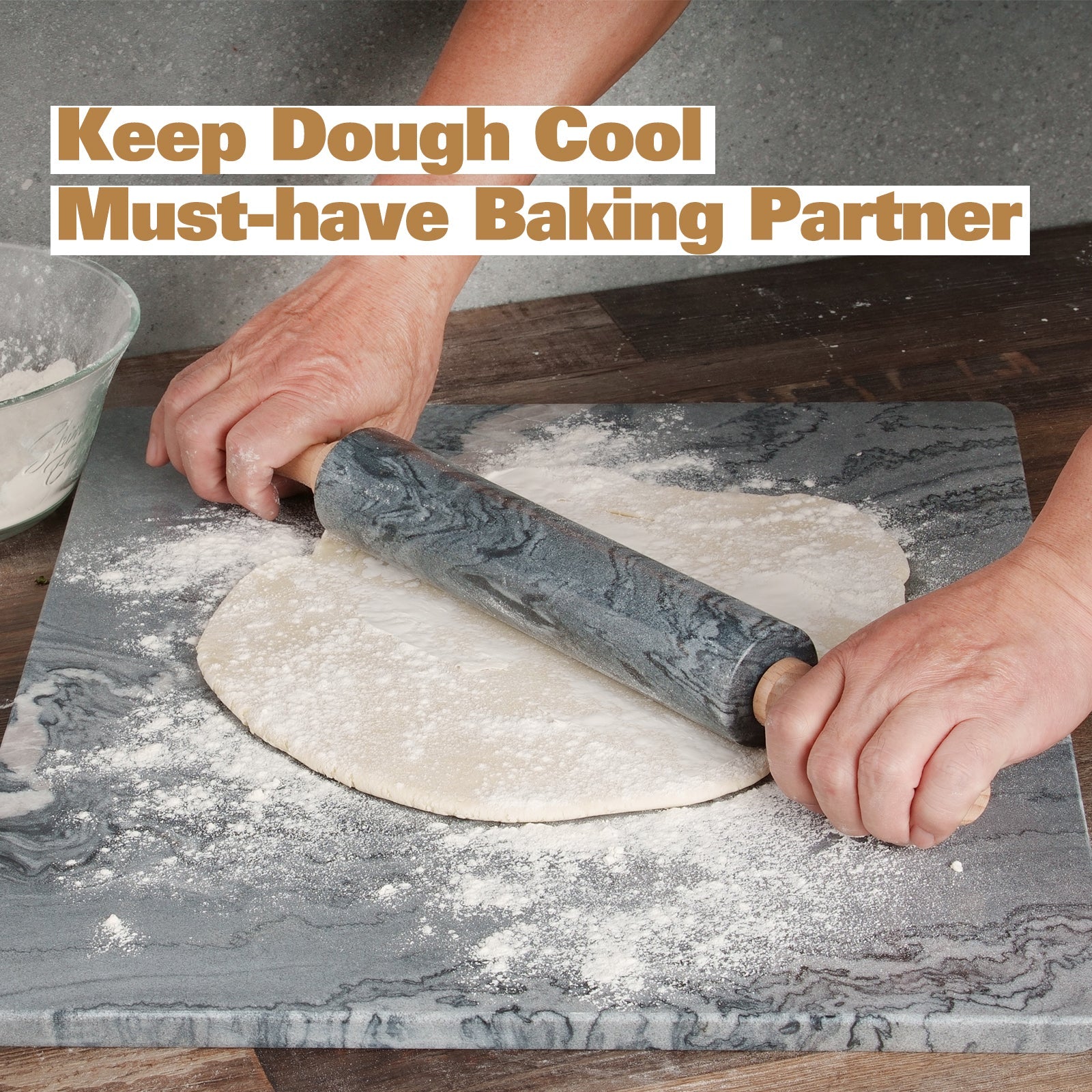 Koville Marble Rolling Pin Pro with Wooden Rack, Scraper & Pastry Guide Pads in natural stone