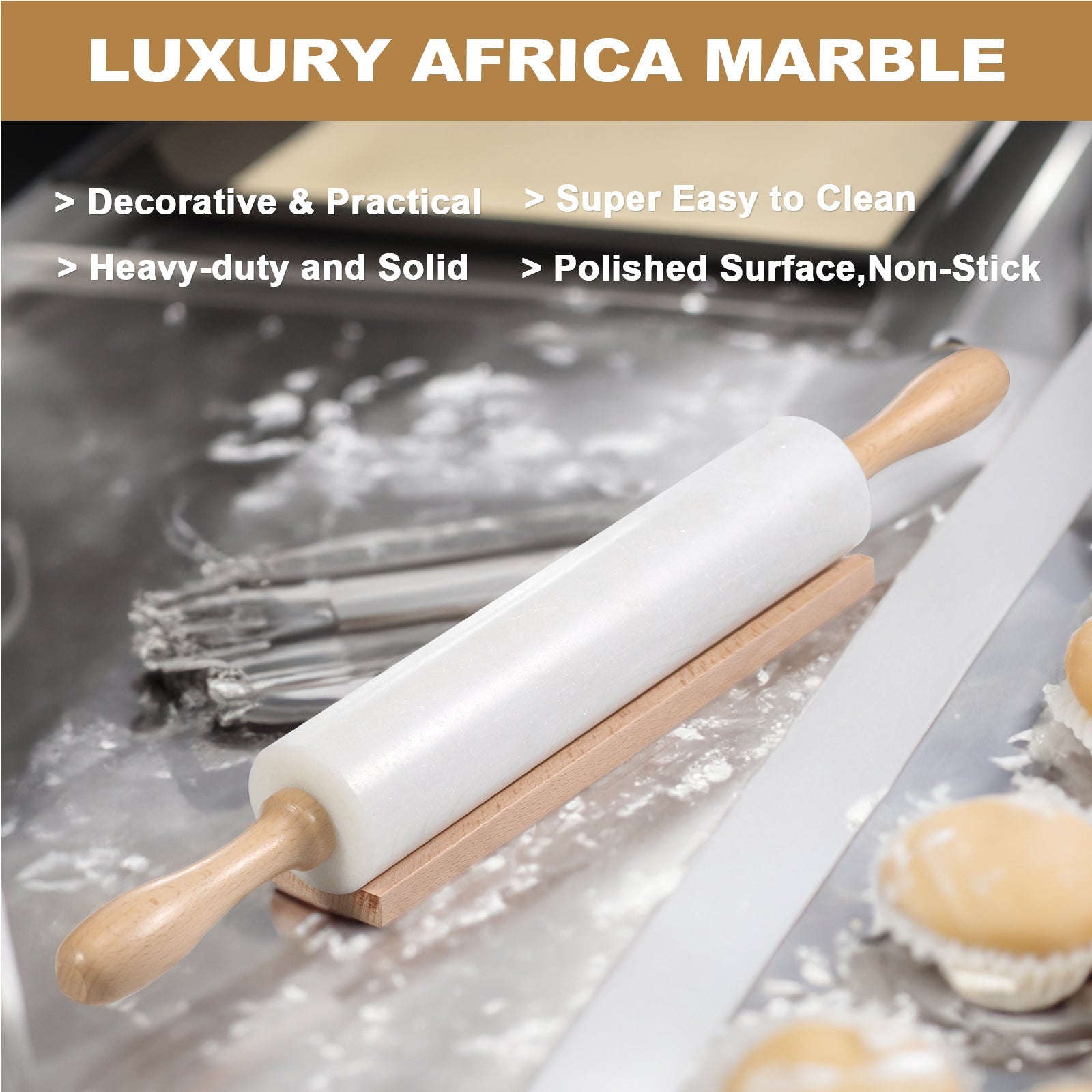 Koville Marble Rolling Pin Pro with Wooden Rack, Scraper & Pastry Guide Pads in natural stone