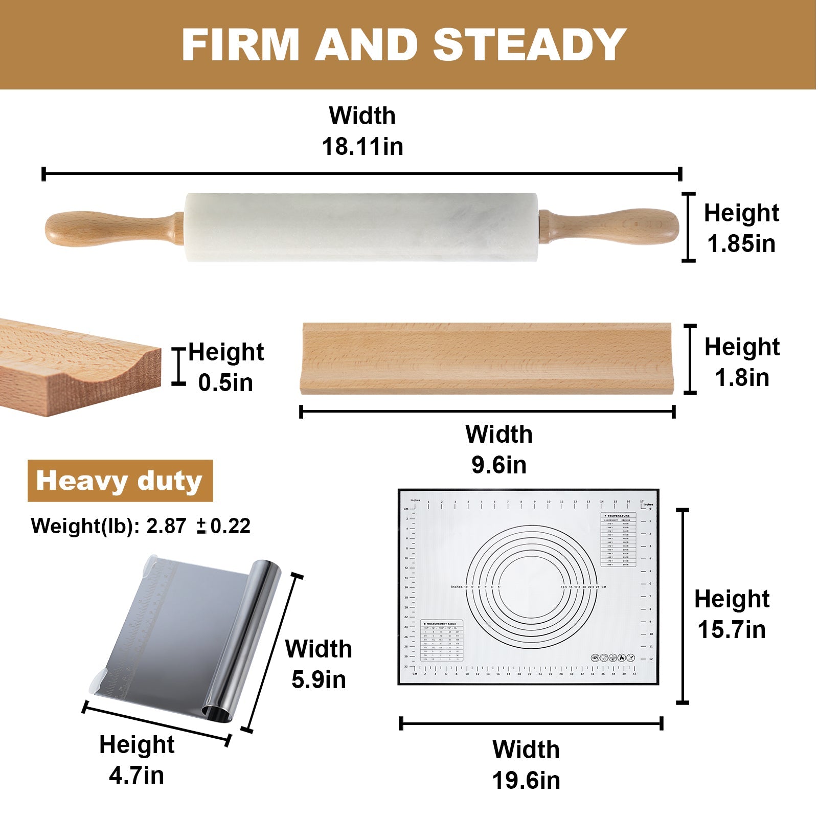 Koville Marble Rolling Pin Pro with Wooden Rack, Scraper & Pastry Guide Pads in natural stone