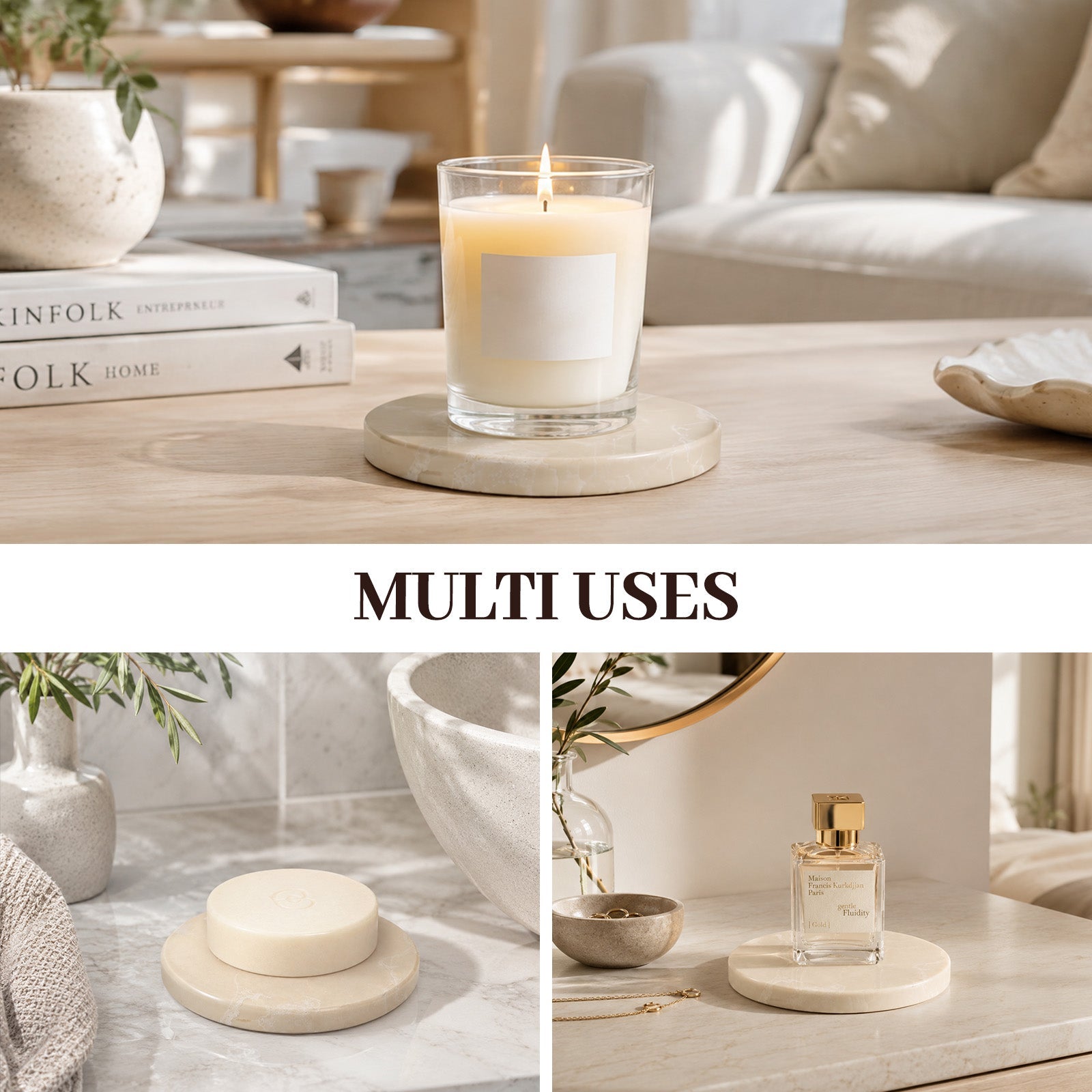 Koville Natural Stone Round Coaster Sets in Botticino Beige, product view 9