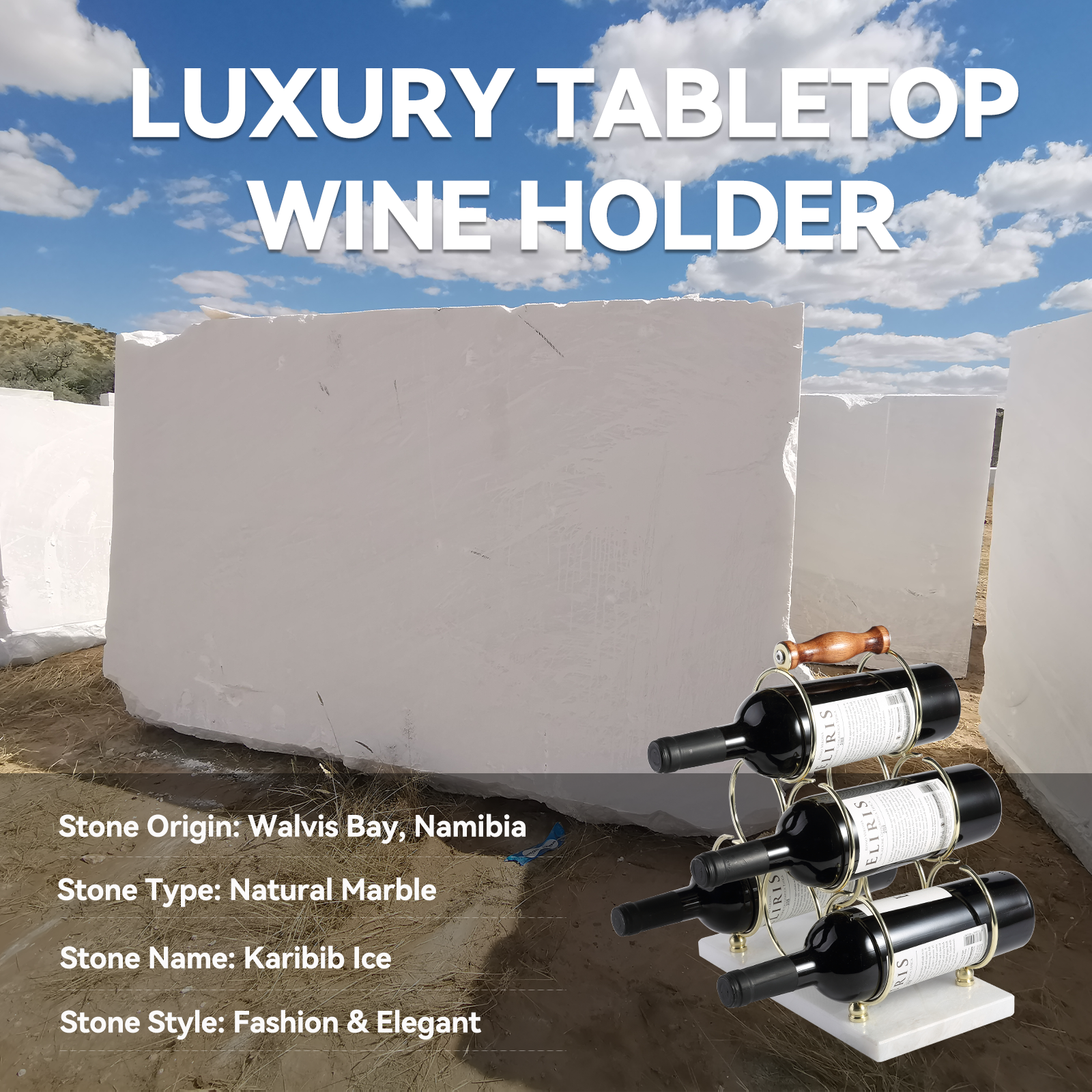 Koville Natural Stone Wine Rack in Karibib Ice on a kitchen counter holding wine bottles