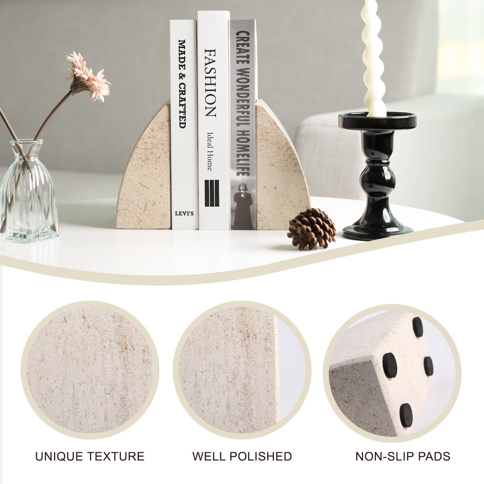 Koville Natural Stone Sailboat Bookend Set for Shelf Styling in Moca Cream Media - decorative form