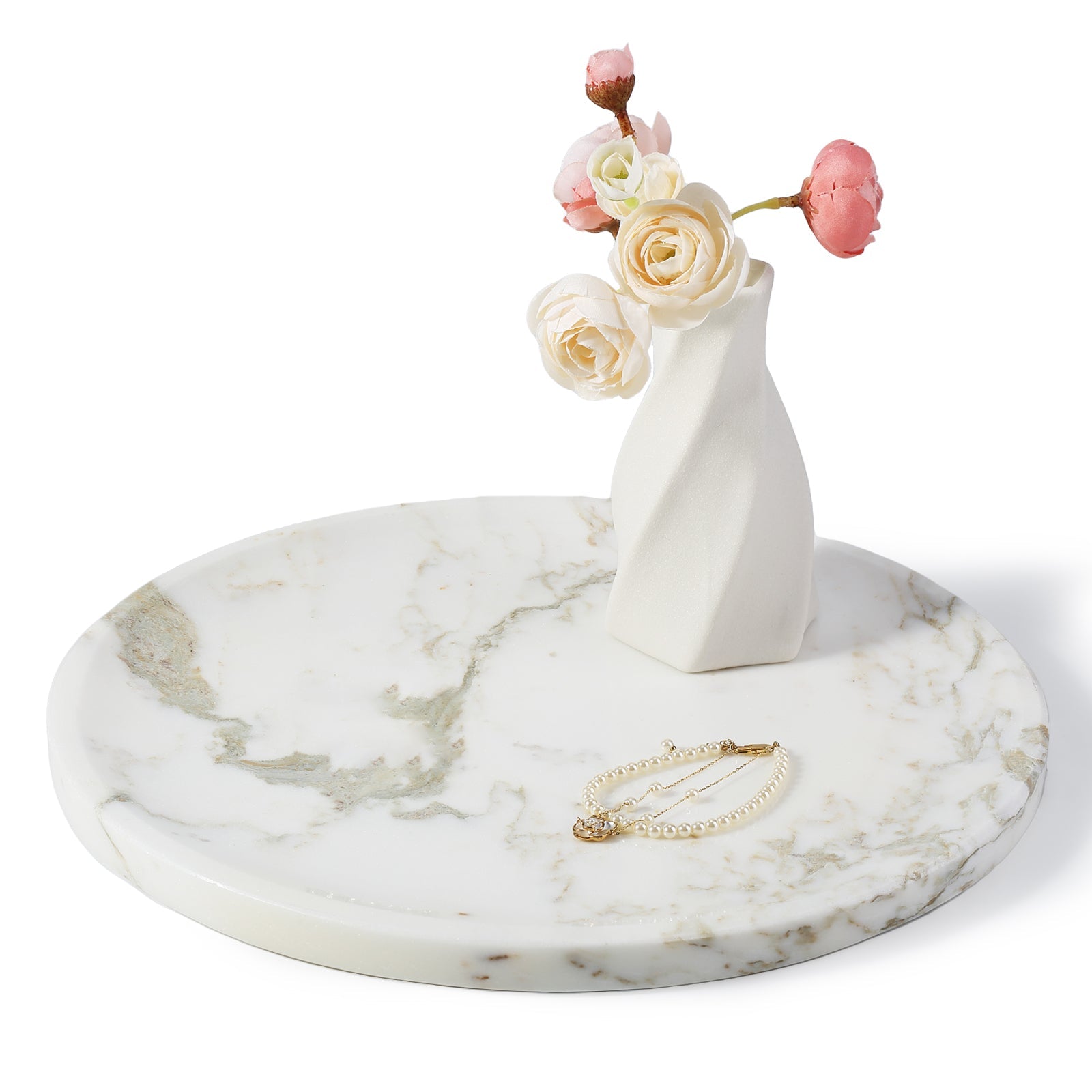Koville round serving tray in multiple sizes for table styling in Oriental Calacatta natural stone