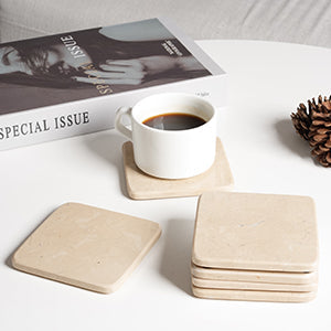 Koville Natural Marble Square Coaster Set for Table Protection in Crema Beige - material detail