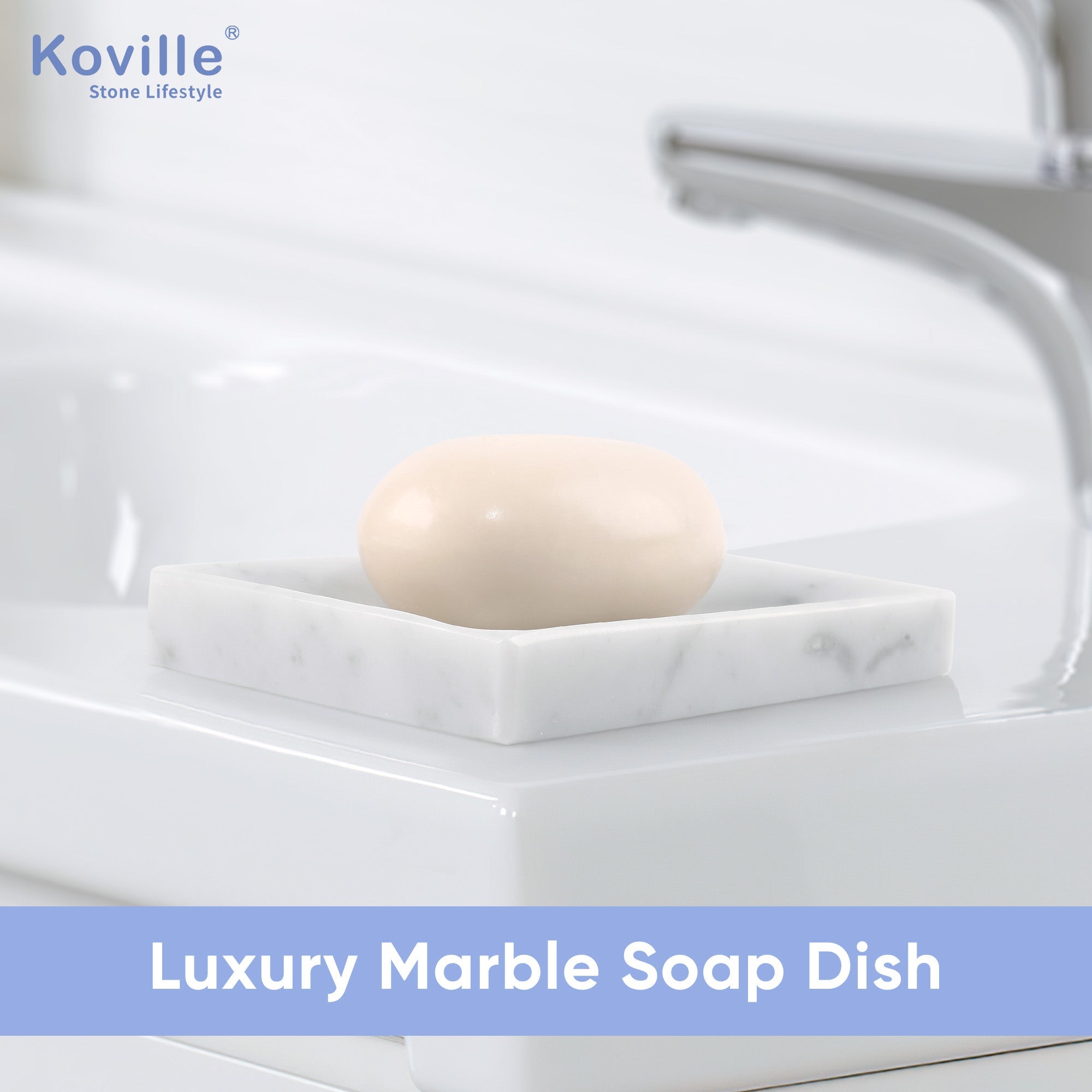 Koville Bianco Carrara marble square soap dish with beveled inset with a recessed soap bed and beveled marble edge for a bathroom vanity or shower ledge