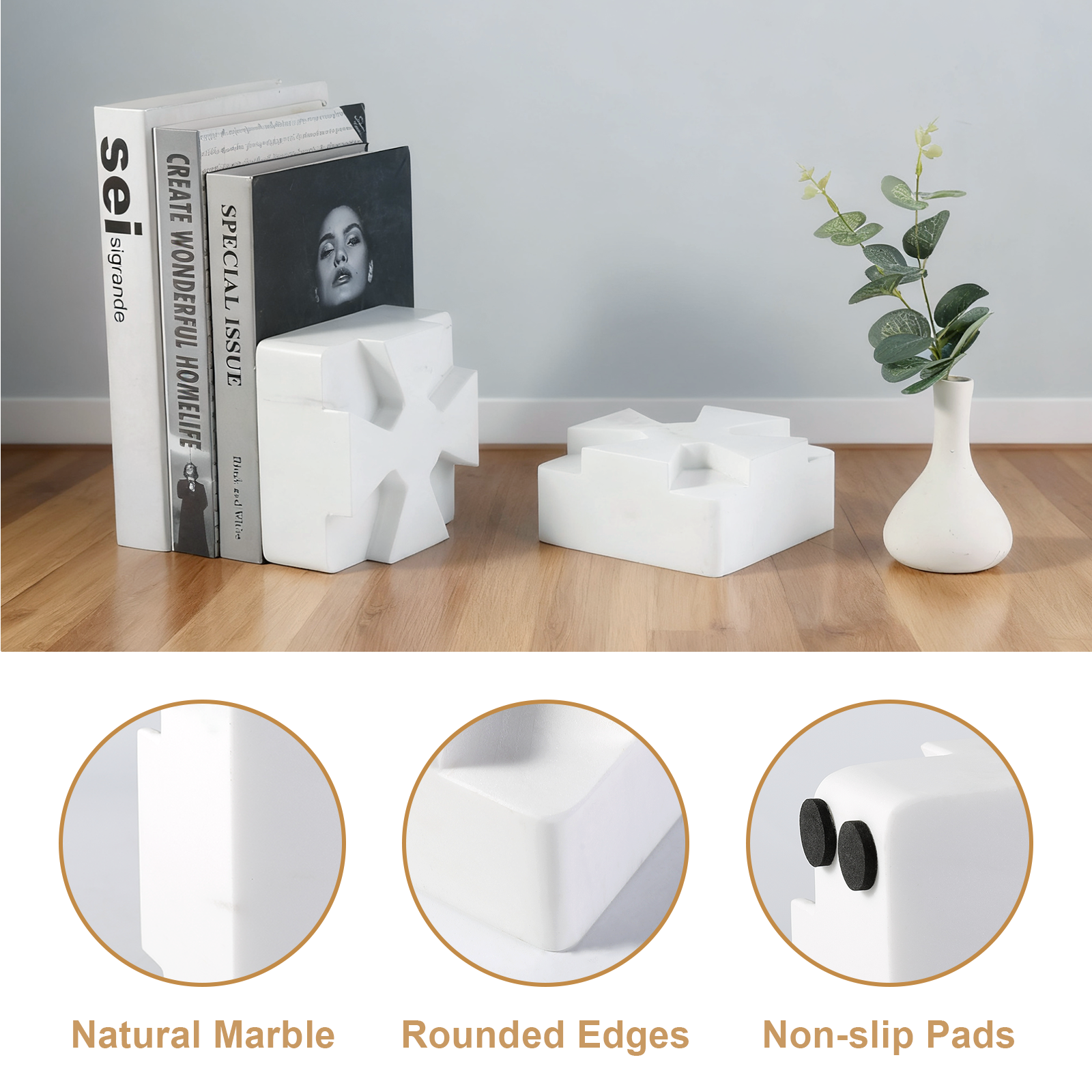 Koville Natural Stone Square Bookend Set for Modern Shelves in Volakas - crafted stone profile
