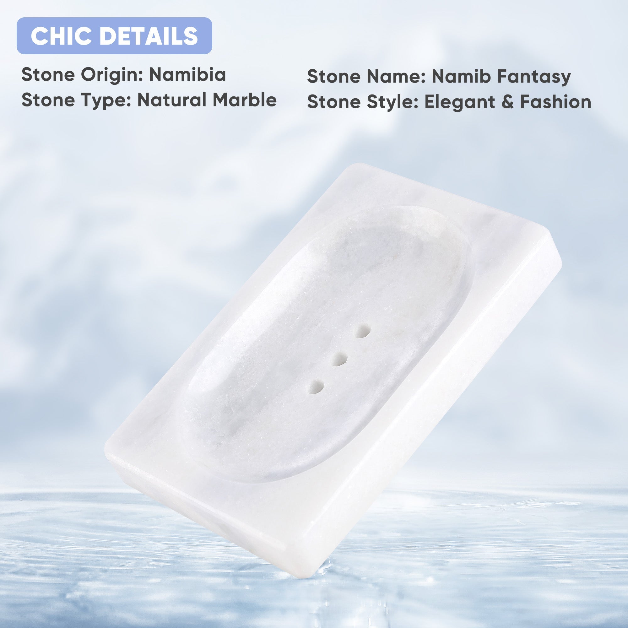 Koville Namib Fantasy marble square soap dish with oval inset with an oval recessed soap bed set into a square marble base for a bathroom vanity or shower ledge