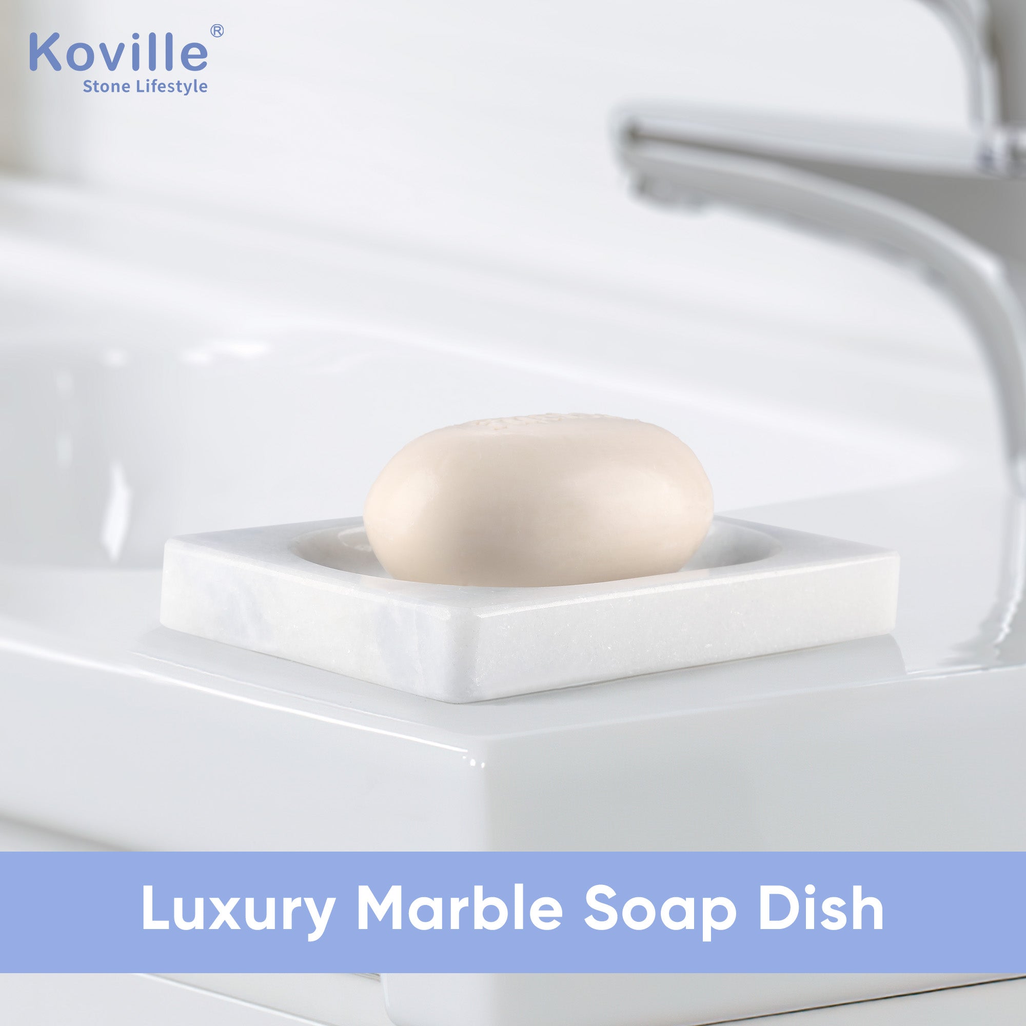 Koville Namib Fantasy marble square soap dish with oval inset with an oval recessed soap bed set into a square marble base for a bathroom vanity or shower ledge