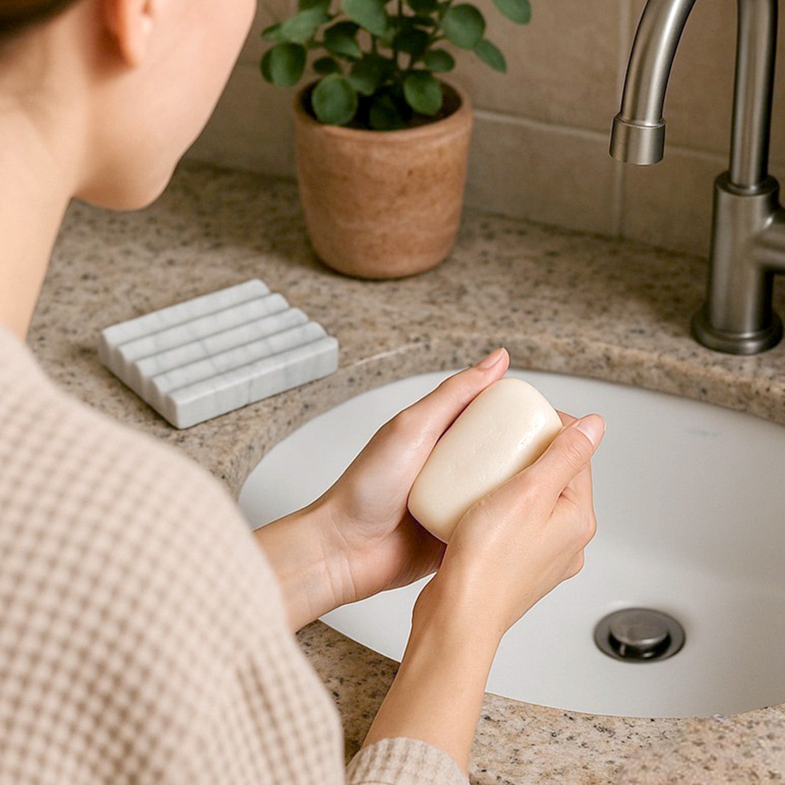 Koville Natural Marble square wavy soap dish set of two in Bianco Carrara with sculpted wave surface