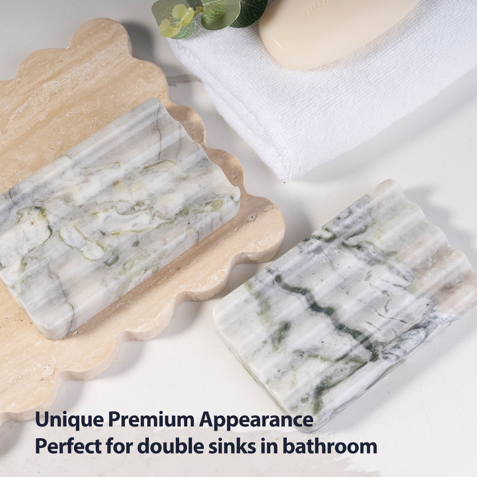 Koville Natural Marble square wavy soap dish set of two in Bianco Palomino with sculpted wave surface