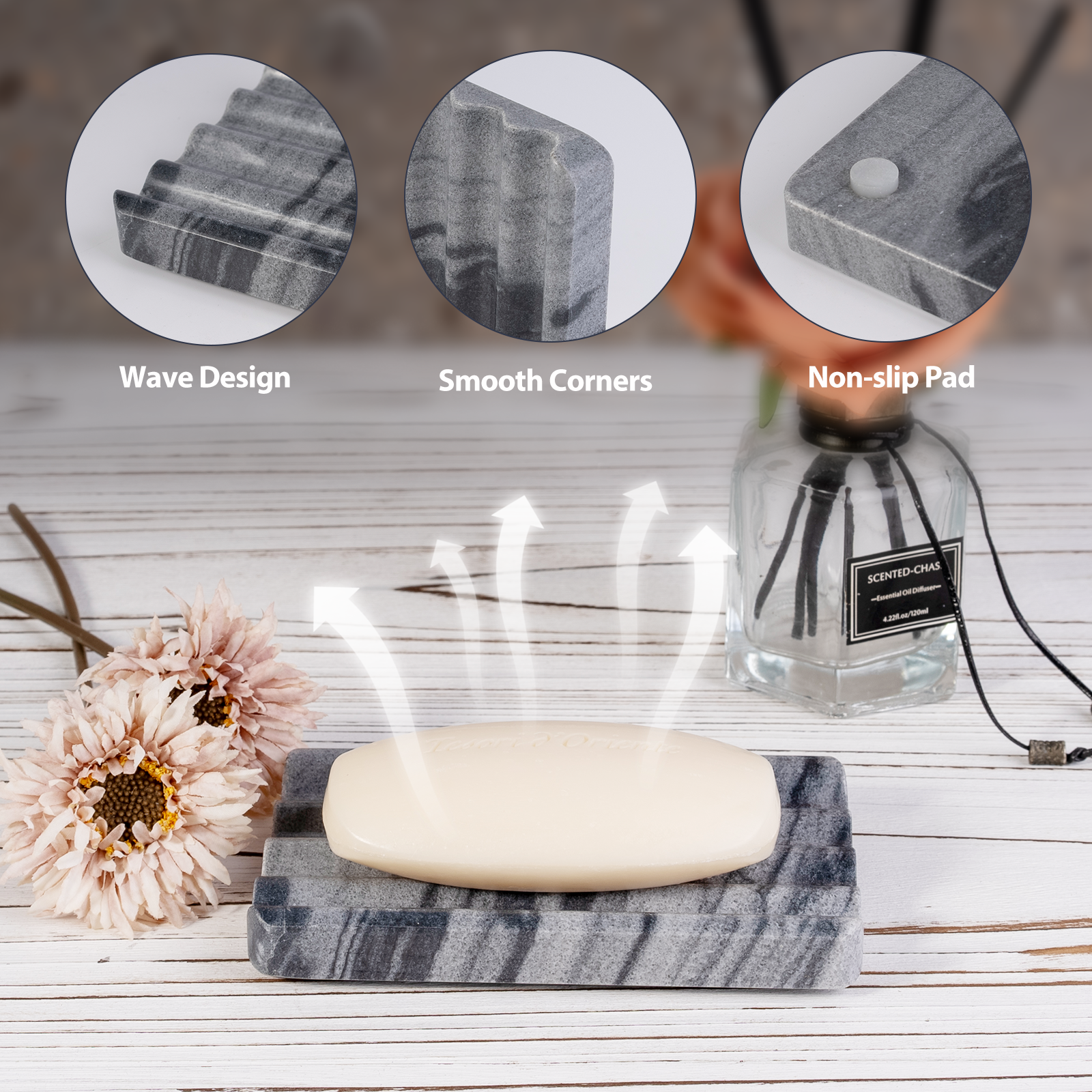 Koville Natural Marble square wavy soap dish set of two in Monte Grigio with sculpted wave surface