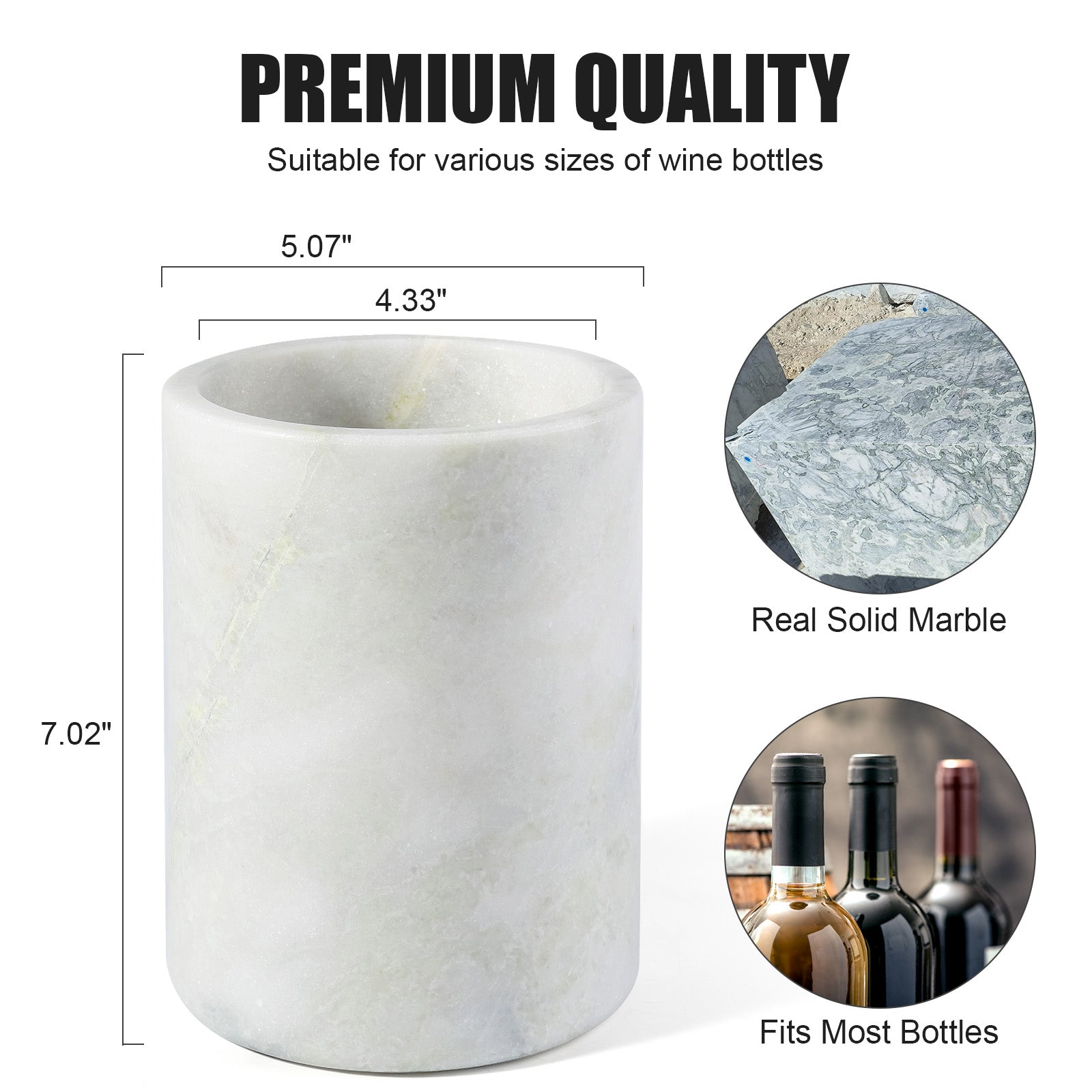 Koville Natural Stone Straight Wine Cooler in Bianco Palomino on a dining table with a wine bottle