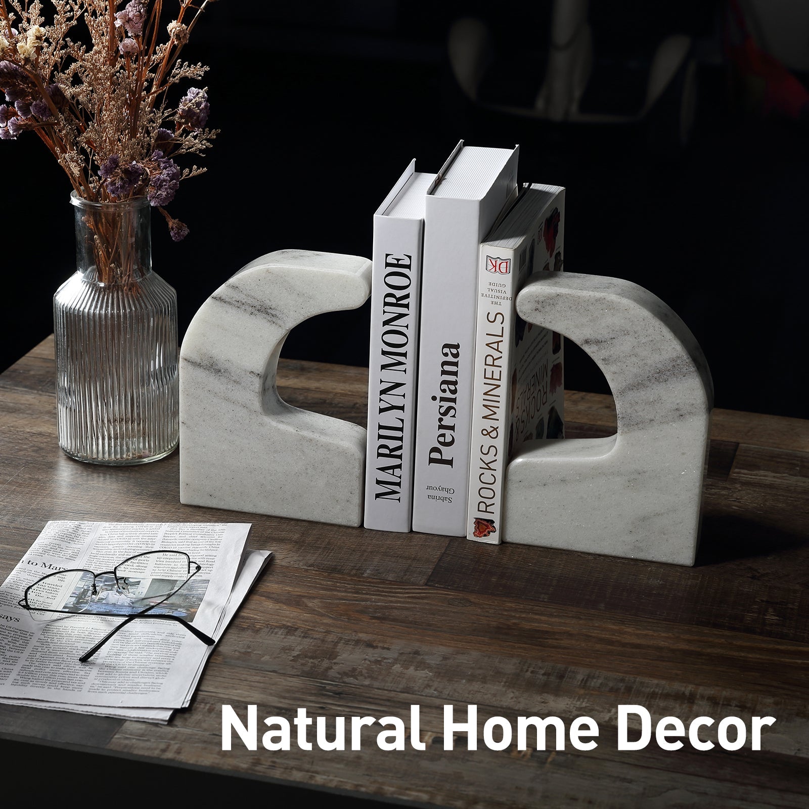 Koville Natural Marble Swan Bookend Set for Shelf Decor in Mist White - product presentation