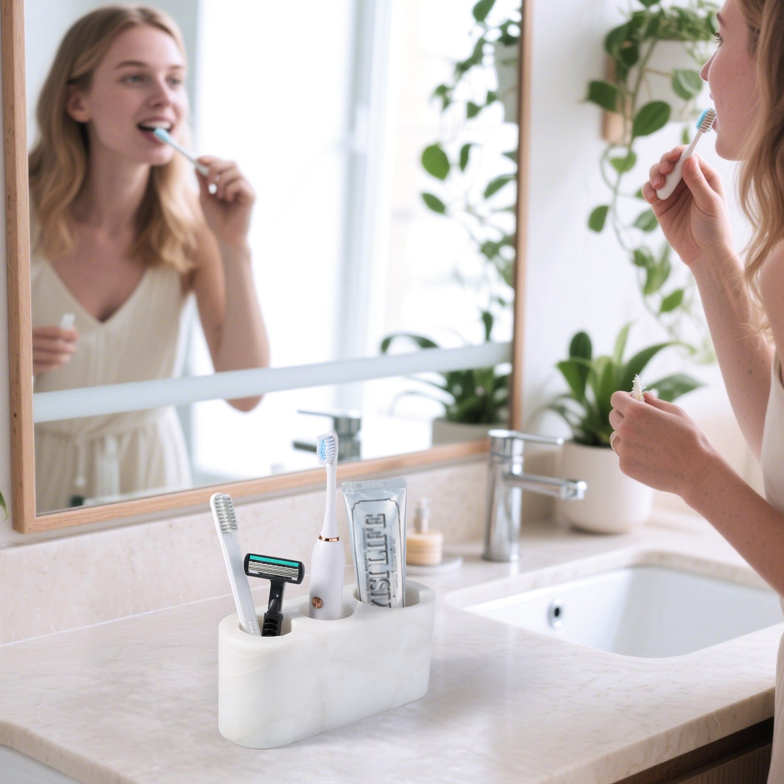 Koville Natural Marble natural stone toothbrush holder in Karibib Ice for bathroom vanity
